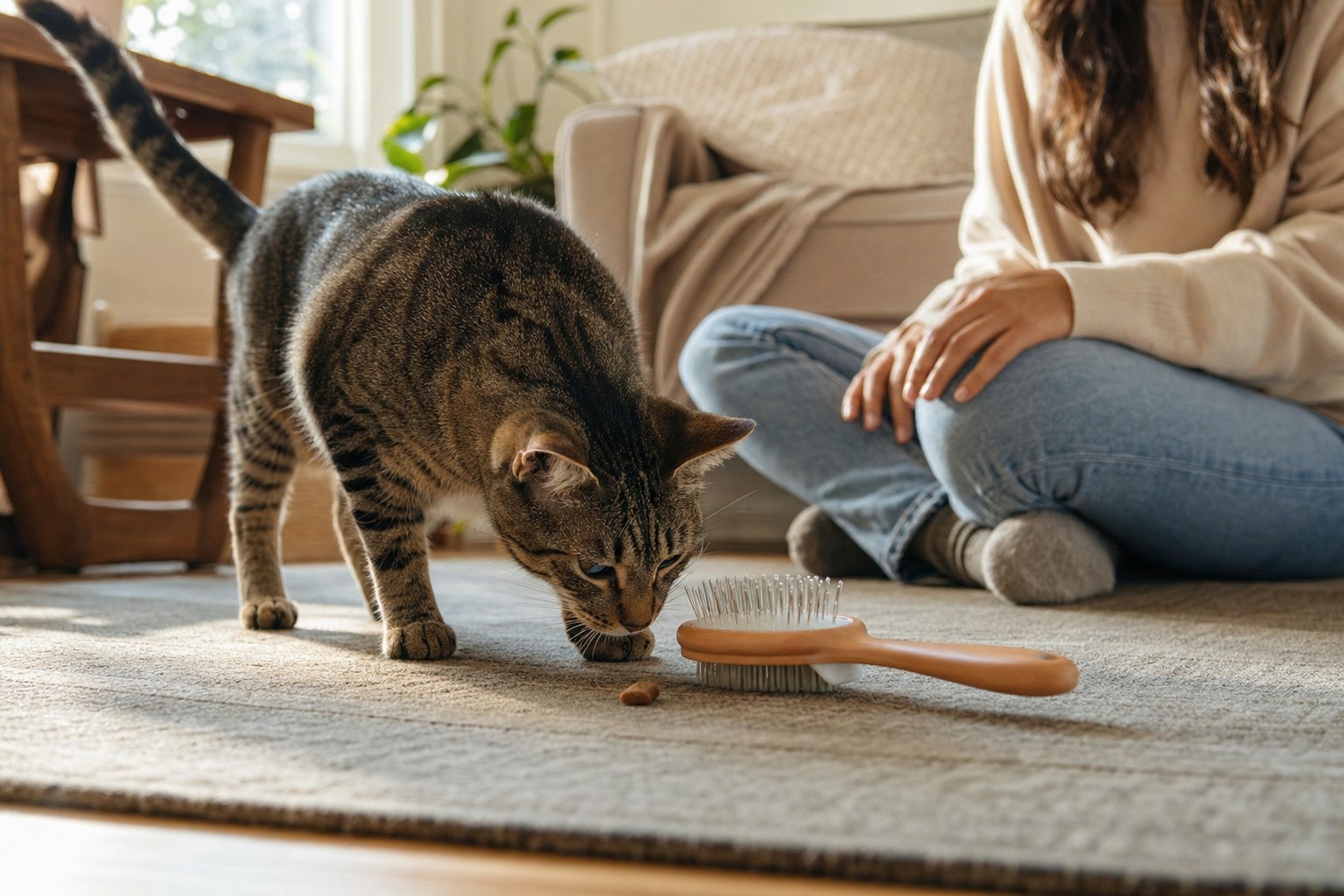 A cat investigating a grooming brush at home