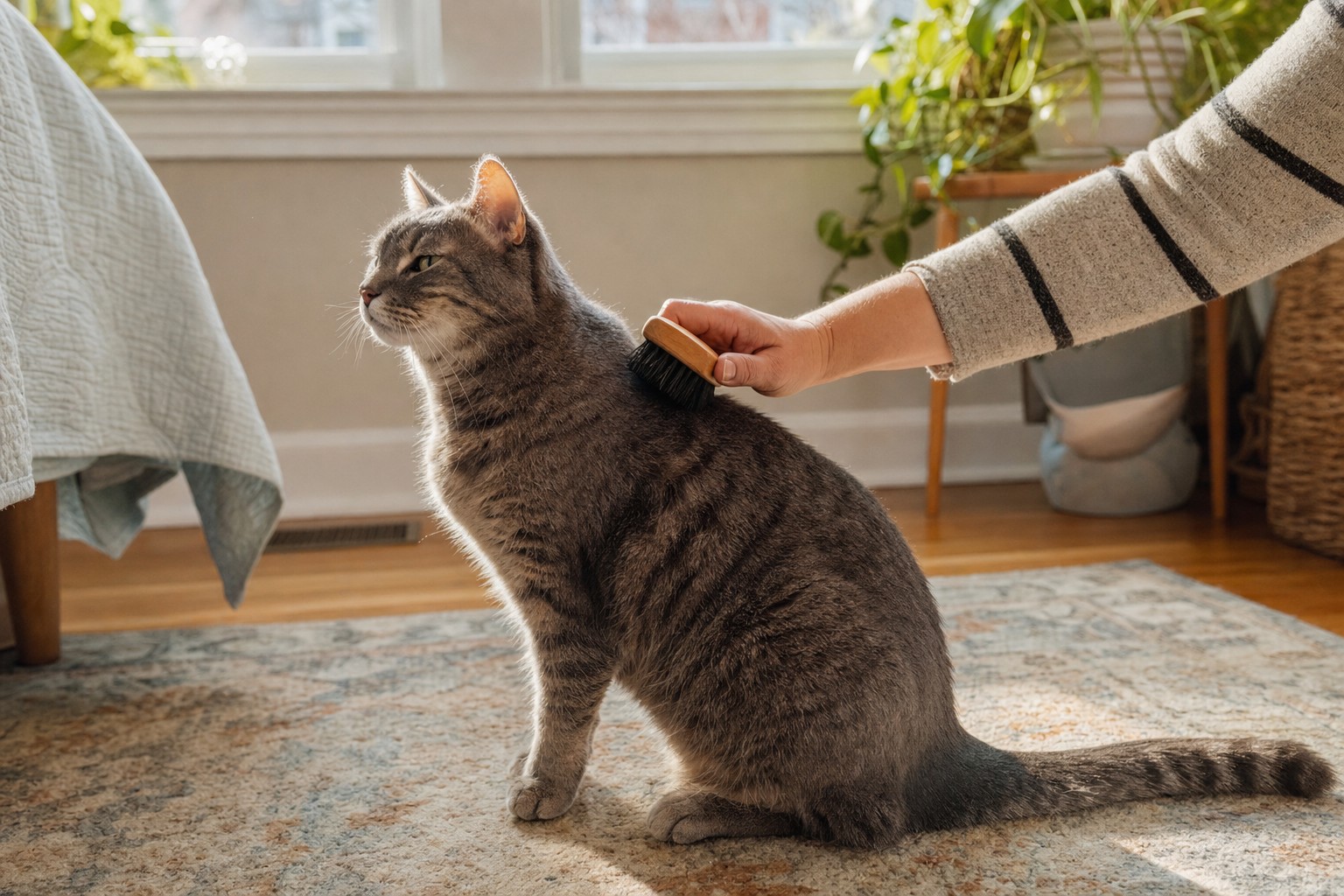 A relaxed gray cat being gently brushed at home