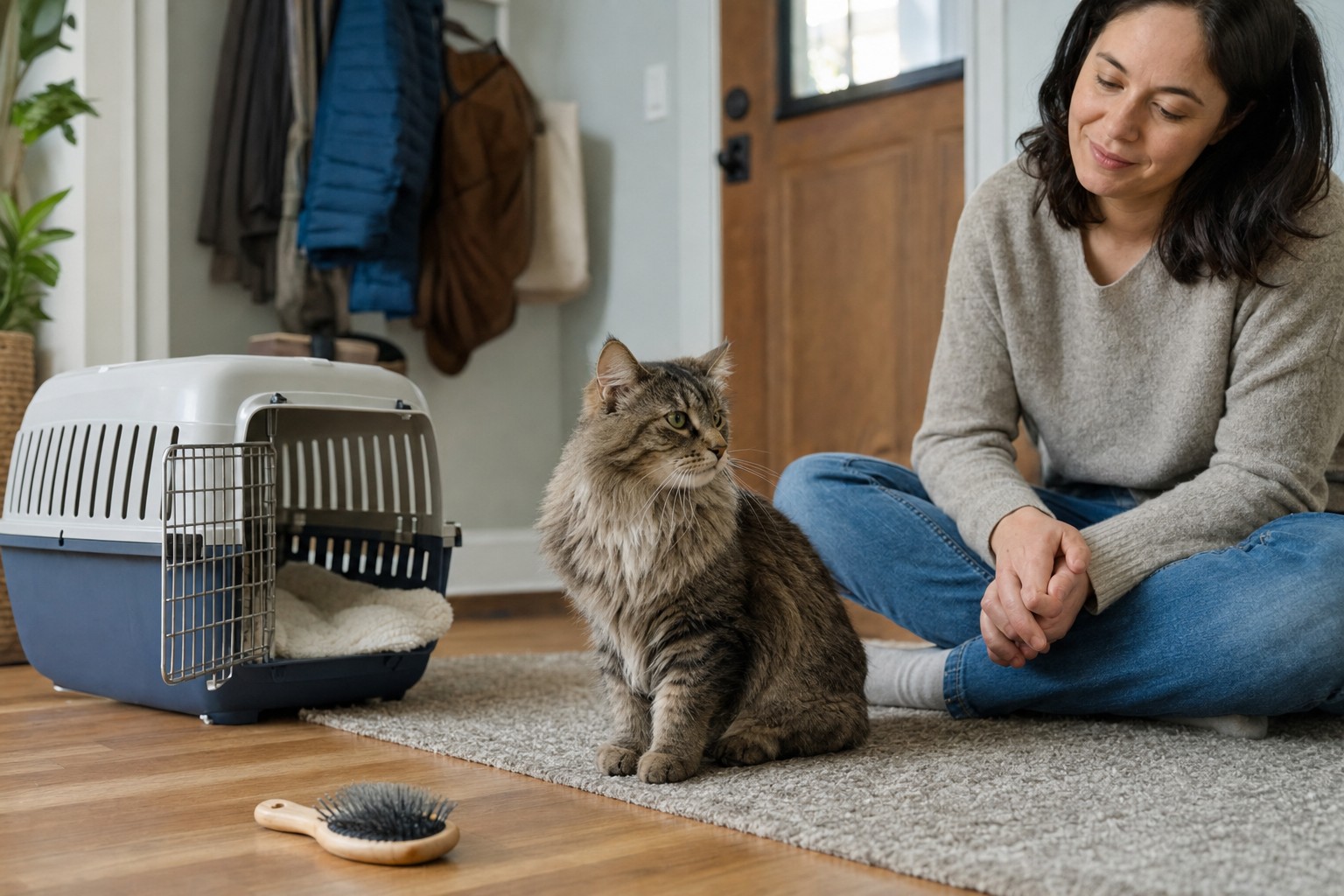 A cat beside an open carrier and grooming brush at home