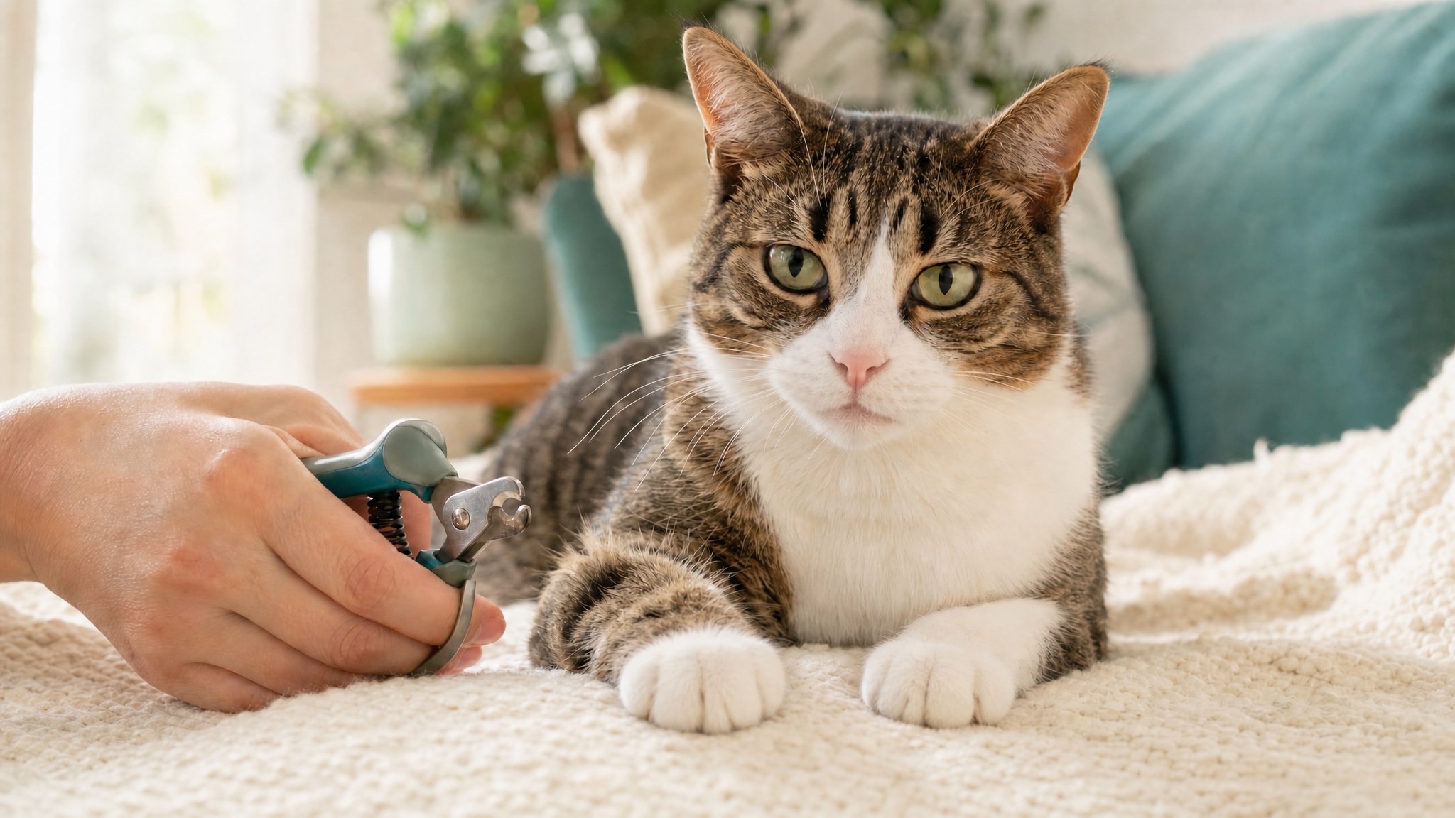 A relaxed cat with a nail trimmer nearby at home