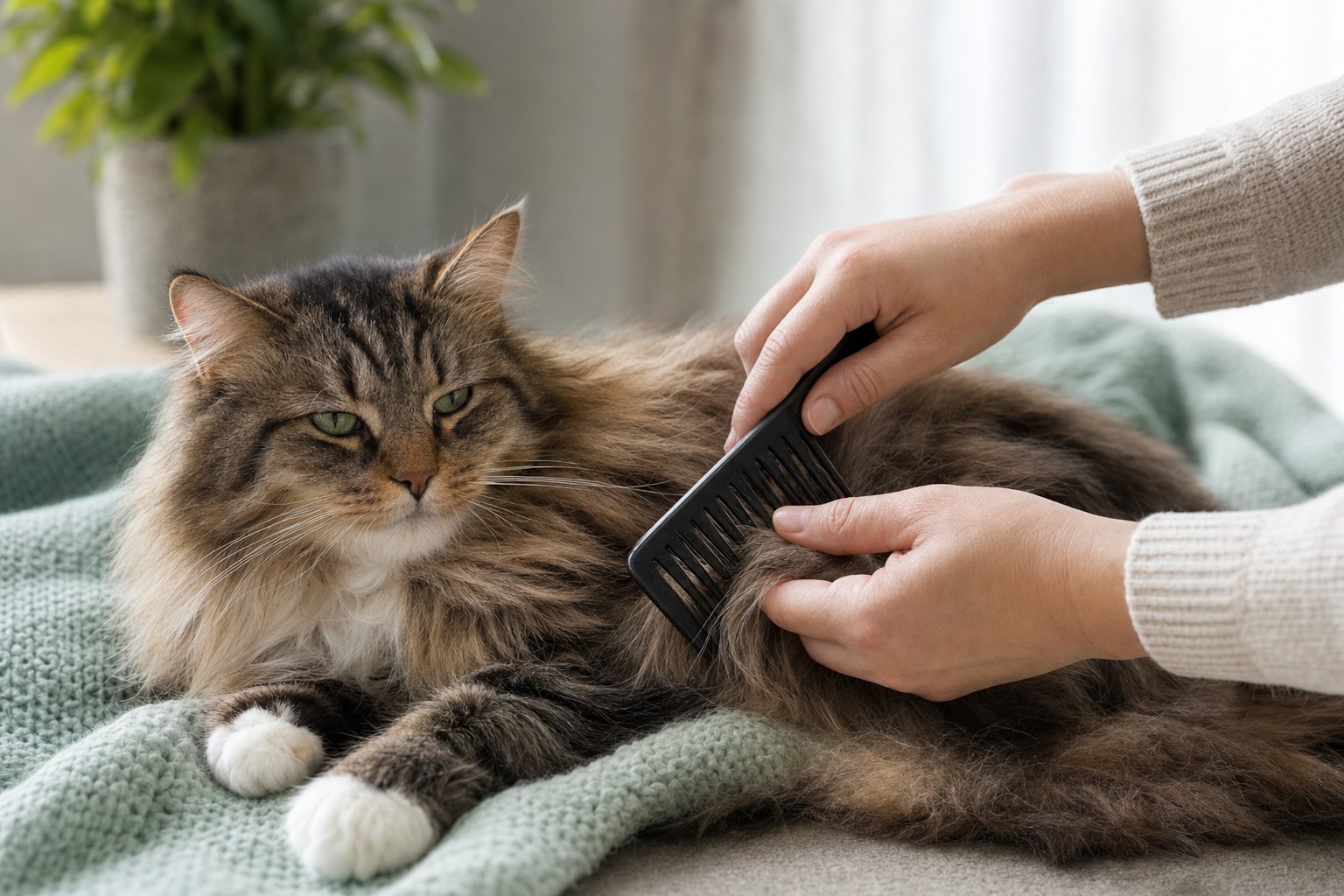 A long-haired cat receiving a gentle comb-through at home