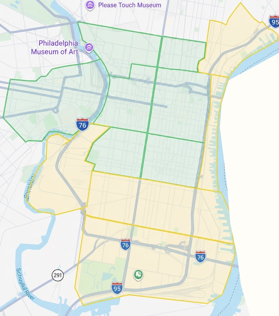 Philadelphia travel-zone map showing green and yellow travel-fee zones