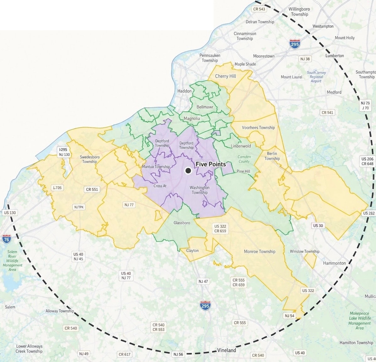 South Jersey service-area map with purple, green, yellow, and 20-mile direct-contact zones