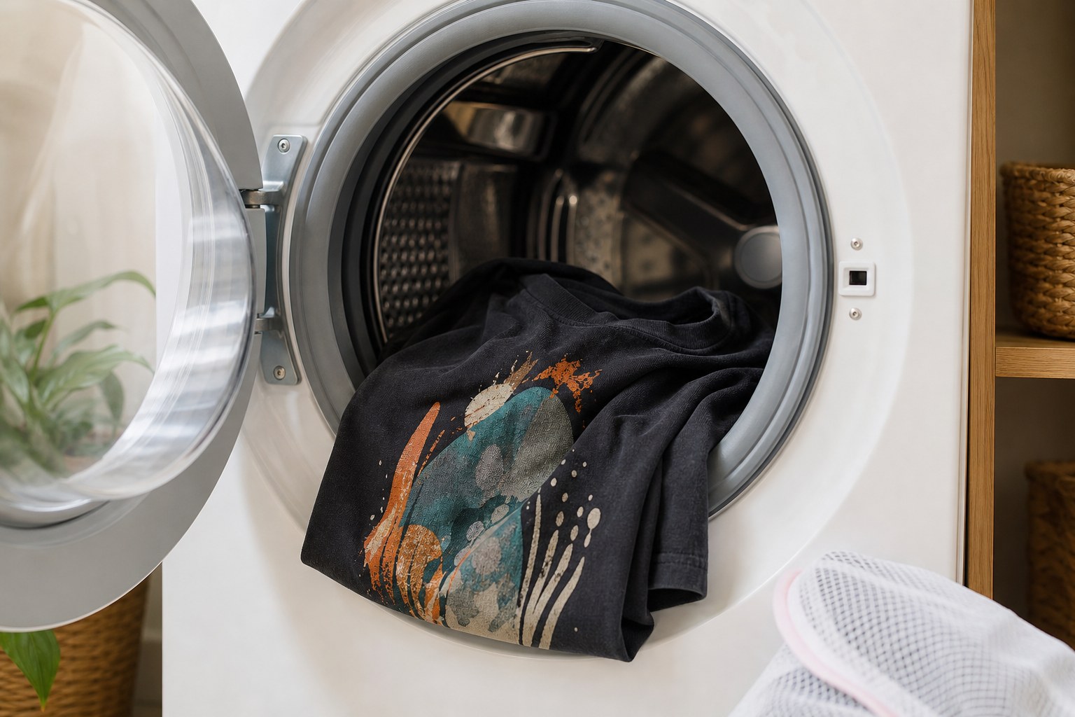 A printed T-shirt inside a front-loading washing machine