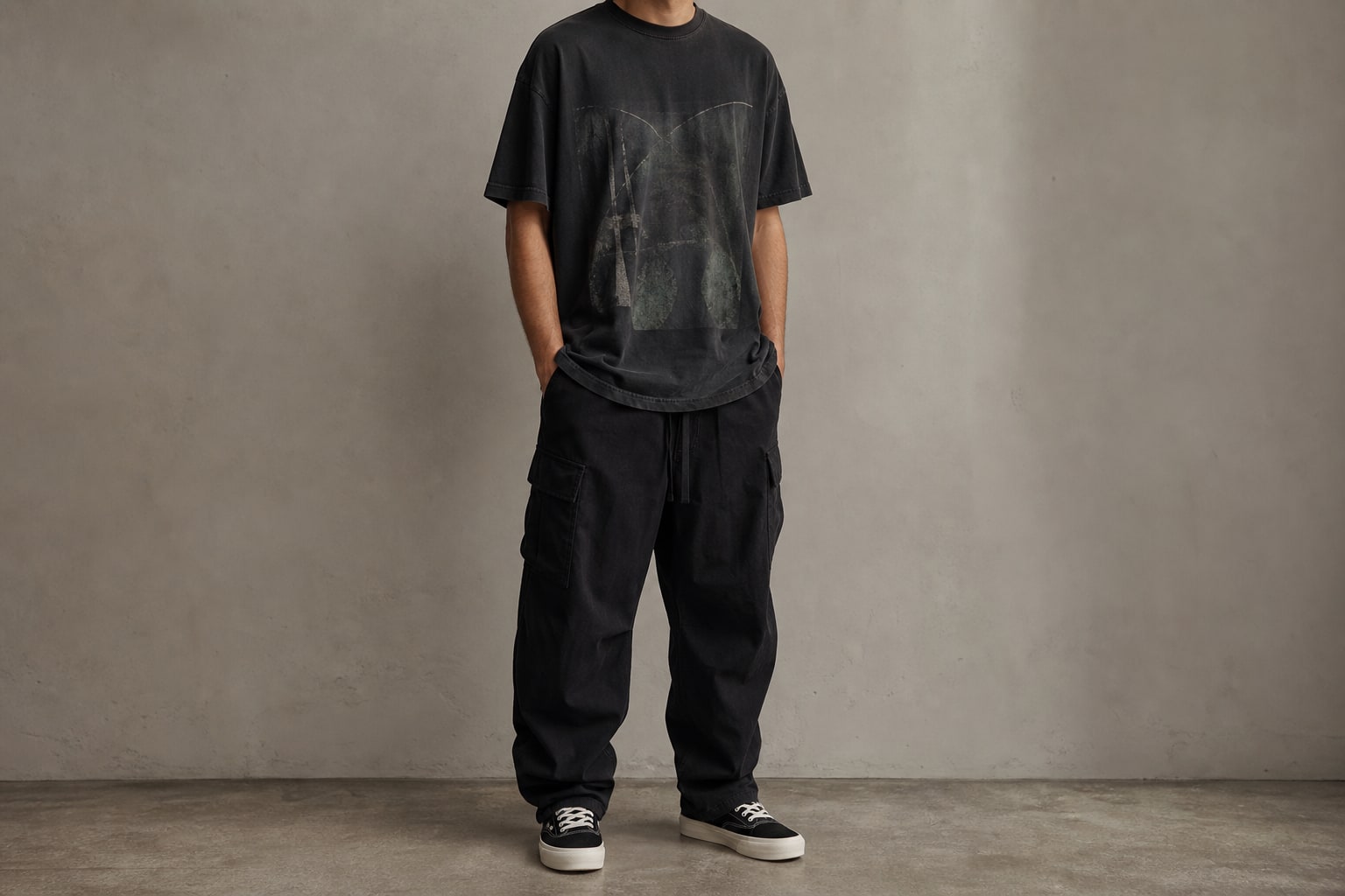 Washed black graphic T-shirt paired with loose black cargo pants and canvas sneakers