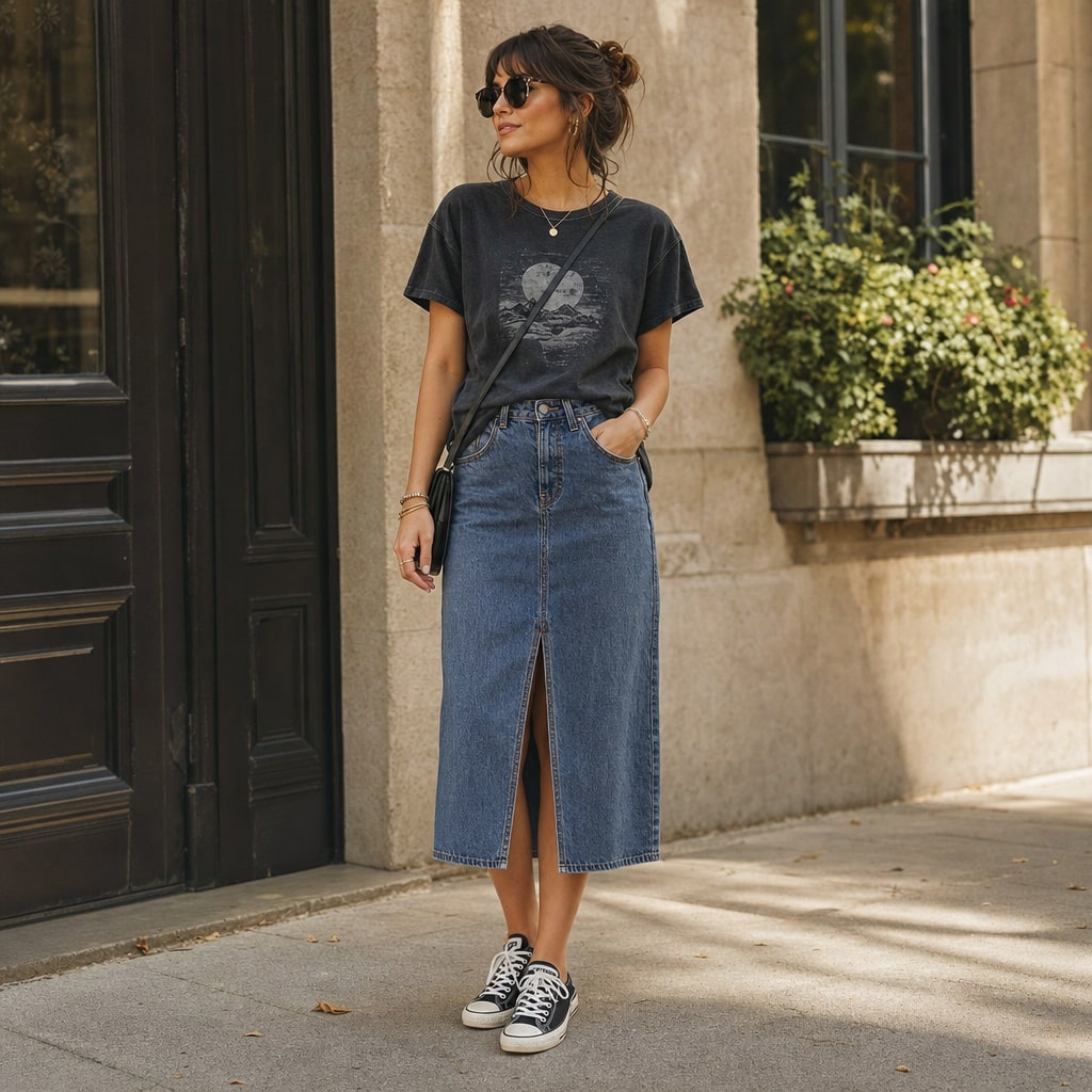 Washed black graphic T-shirt paired with a blue denim midi skirt and canvas sneakers