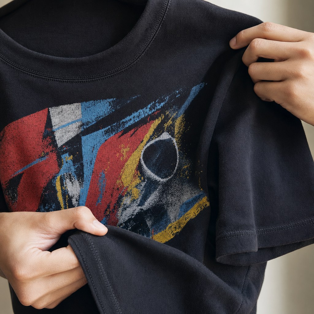 Close view of a graphic T-shirt print, cotton fabric, and collar