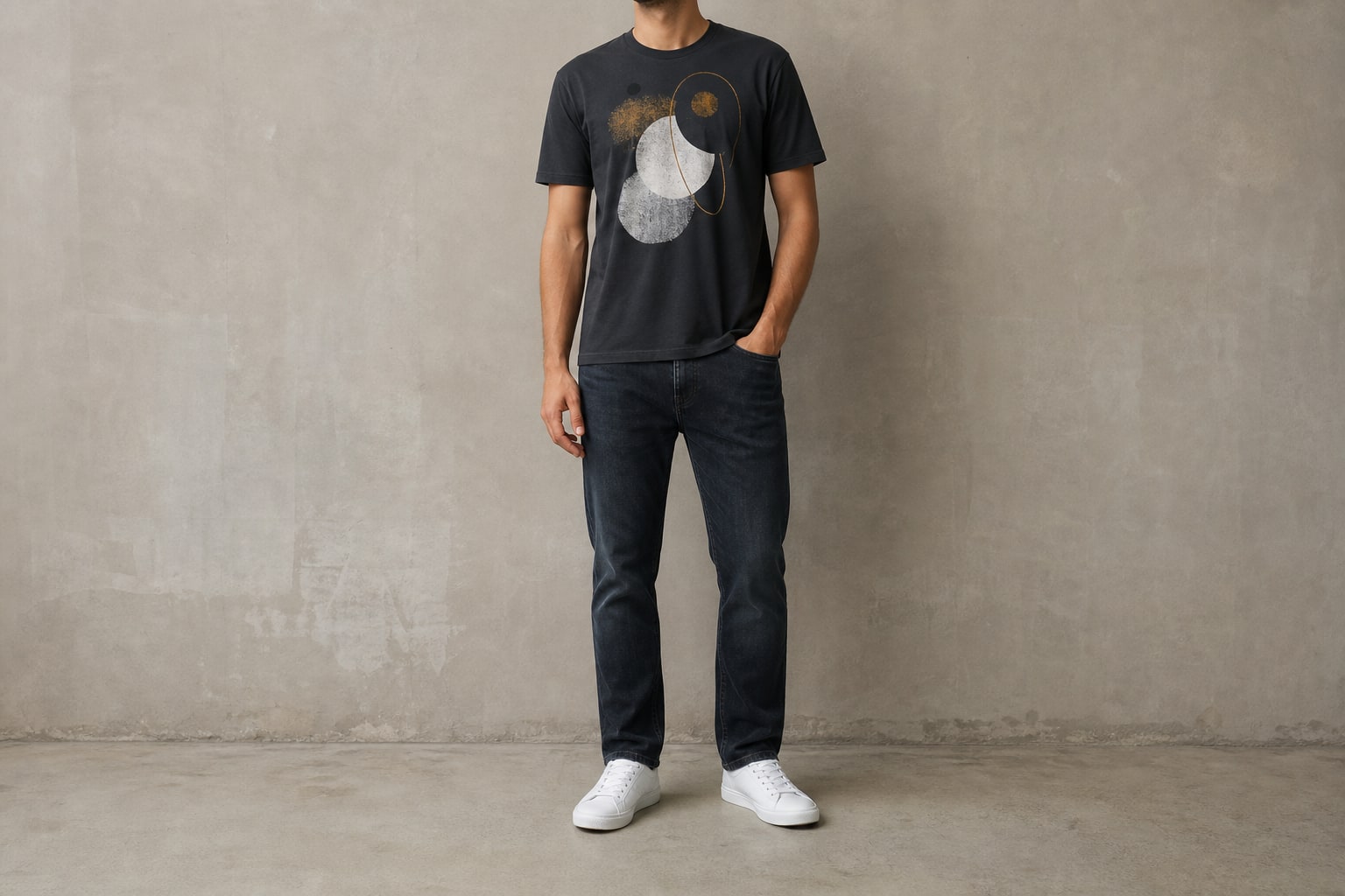 Dark graphic T-shirt styled with straight-leg jeans and white sneakers