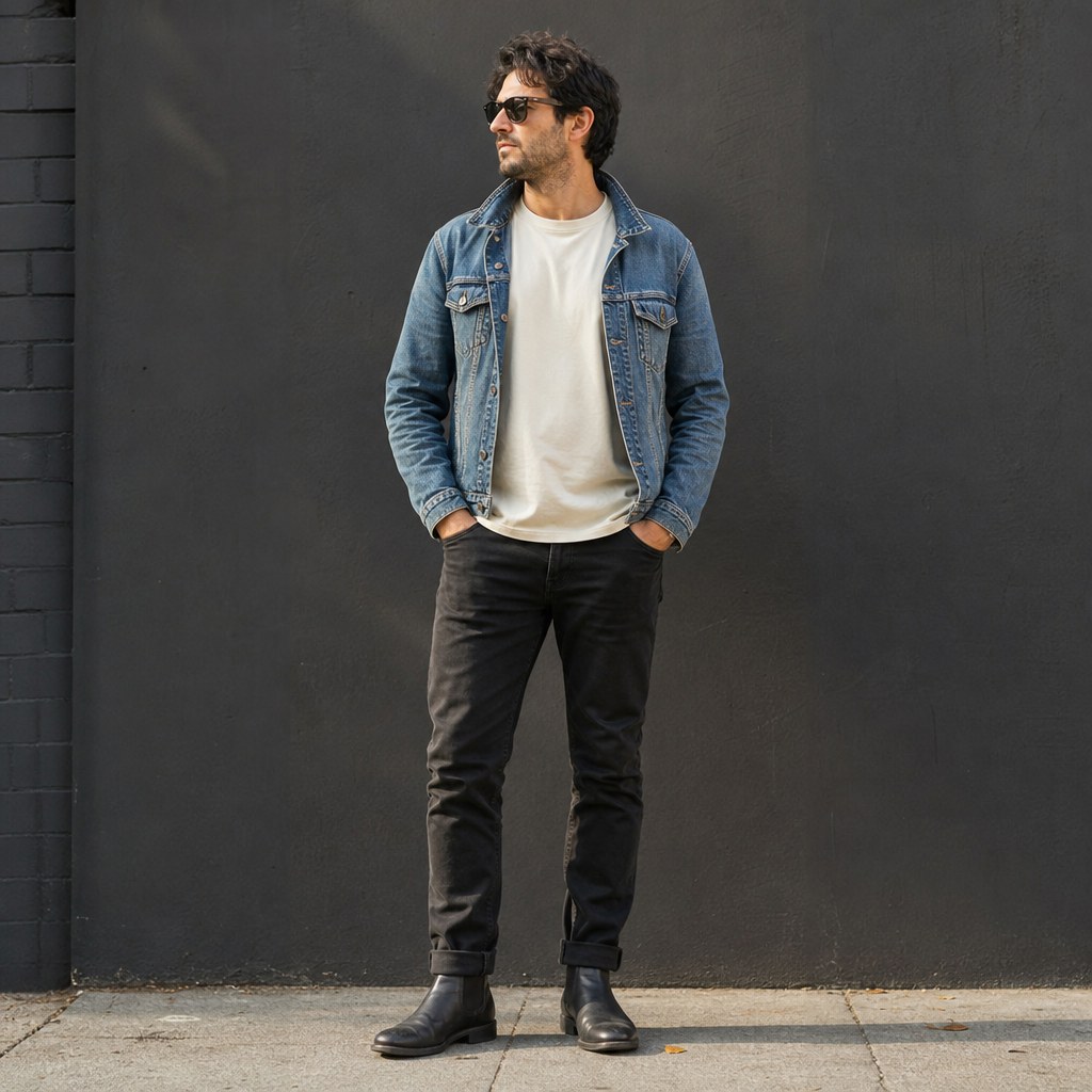 Light tee layered under an open denim jacket with black pants and boots