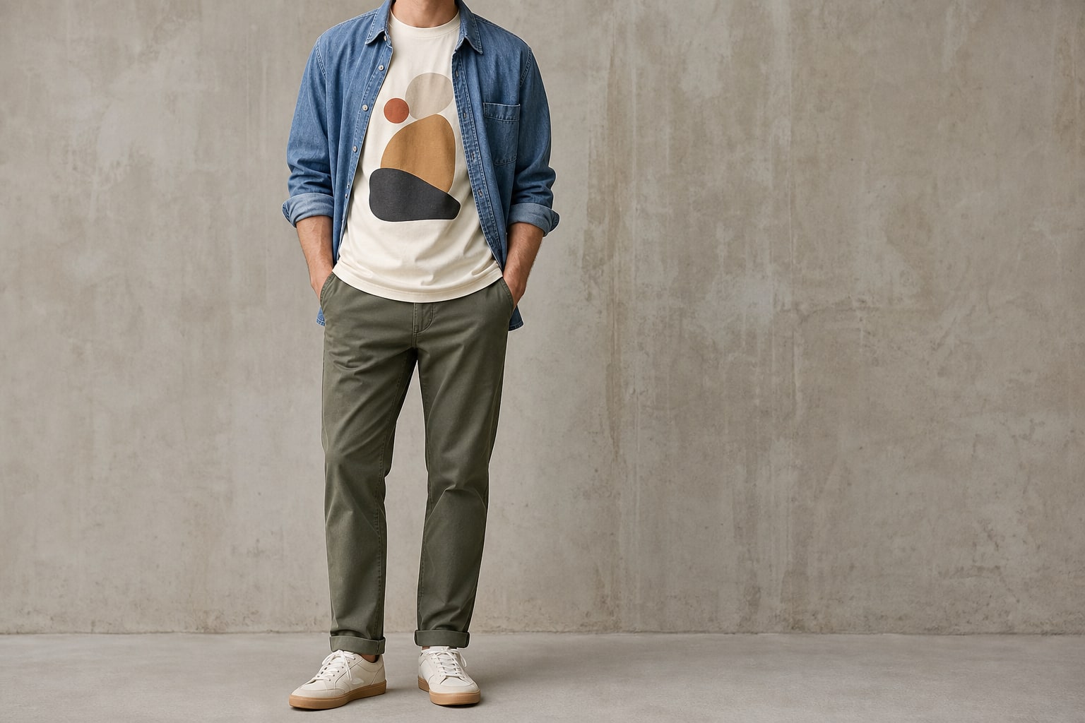 Cream graphic T-shirt worn under an open denim overshirt with olive chinos