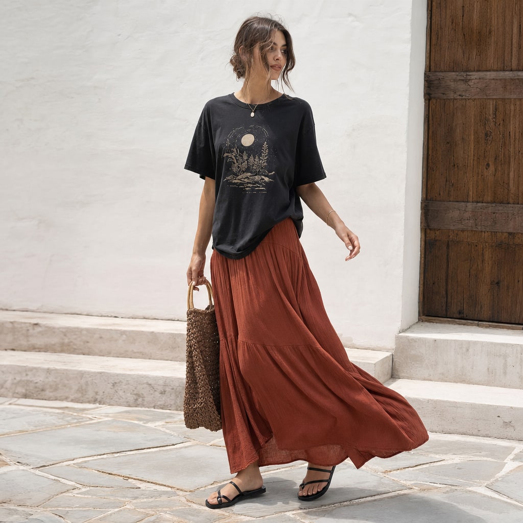 Oversized black graphic T-shirt styled with a flowing rust maxi skirt and flat sandals