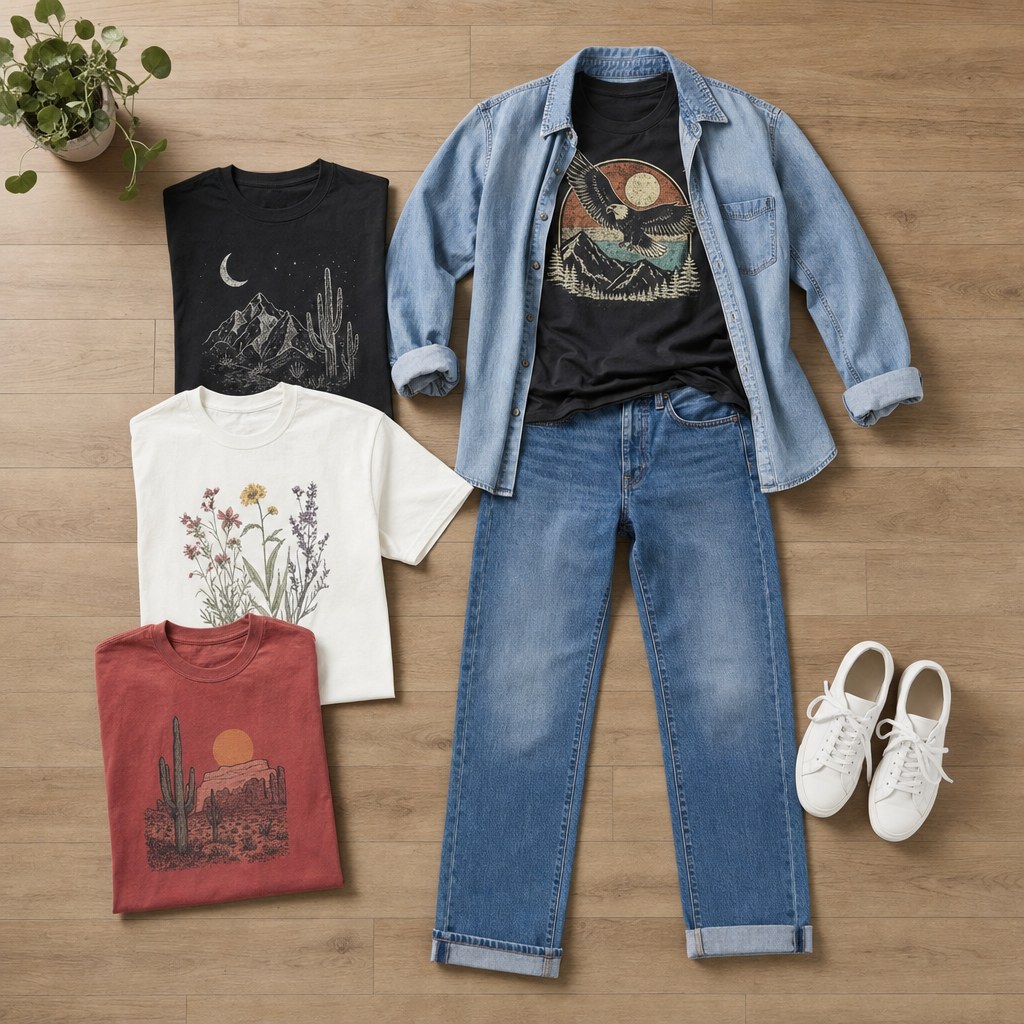 Graphic T-shirts with jeans, a denim overshirt, and white sneakers