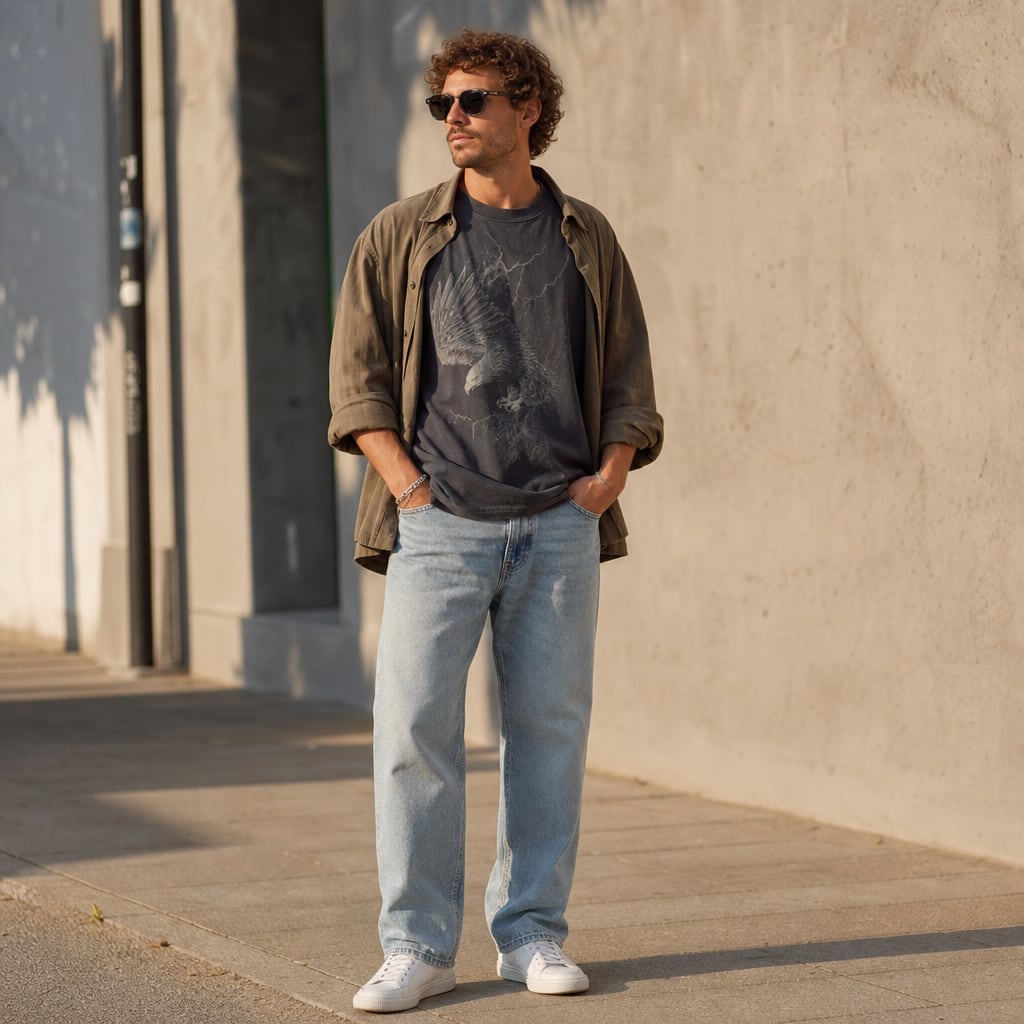 Oversized charcoal graphic T-shirt styled with light-wash jeans, white sneakers, and an open overshirt