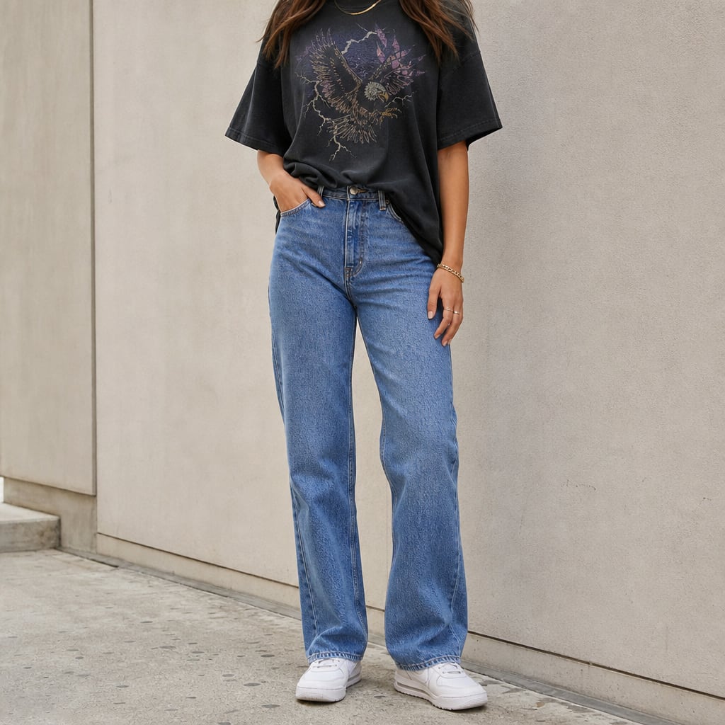 Oversized black graphic T-shirt lightly front-tucked into blue straight-leg jeans