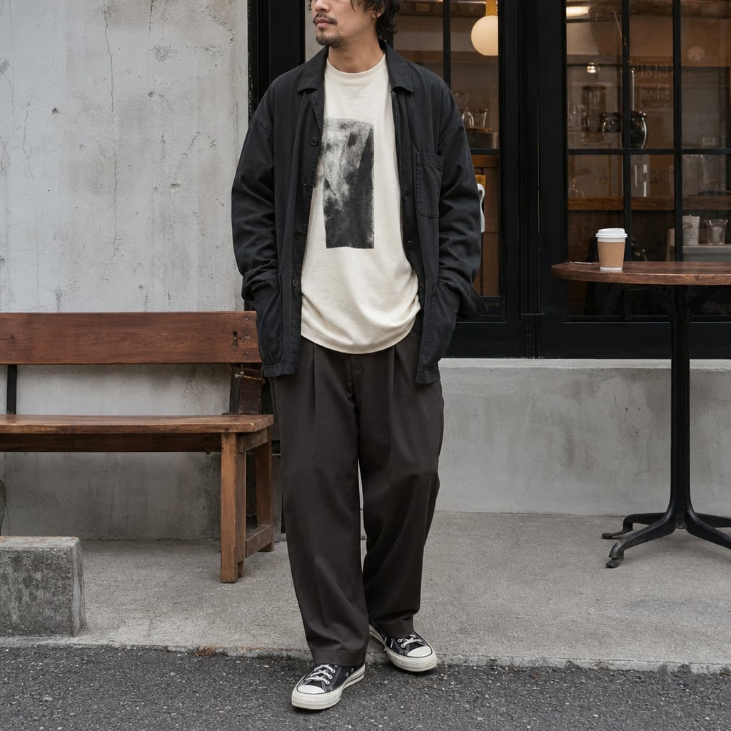 Cream oversized graphic T-shirt layered under a dark work jacket with relaxed trousers