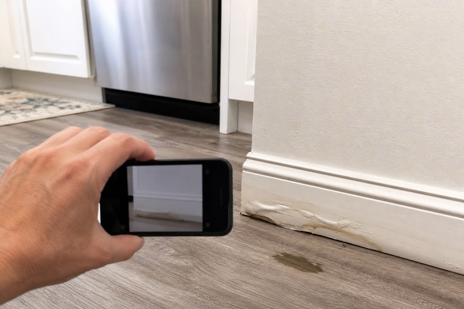 Homeowner photographing a swollen baseboard beside kitchen flooring