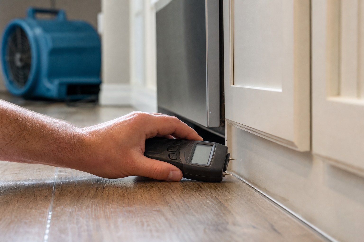 Moisture meter checking a flooring edge beside a kitchen cabinet