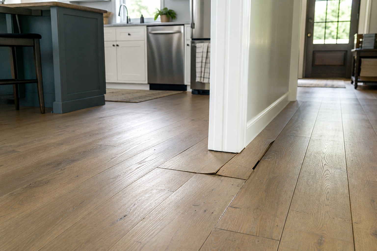 Raised and warped wood flooring near a kitchen doorway