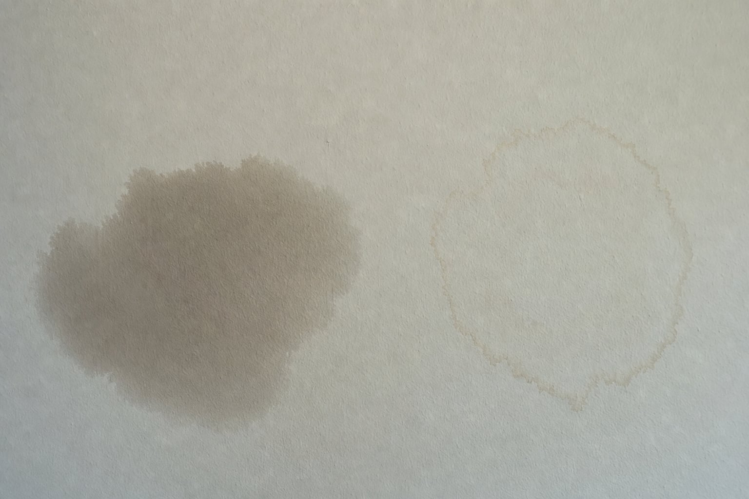 Dark damp water mark beside a lighter dry stain on an interior wall