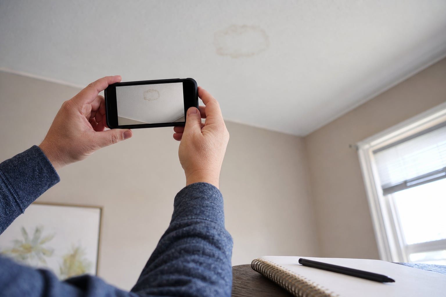 Homeowner photographing a ceiling stain with a phone