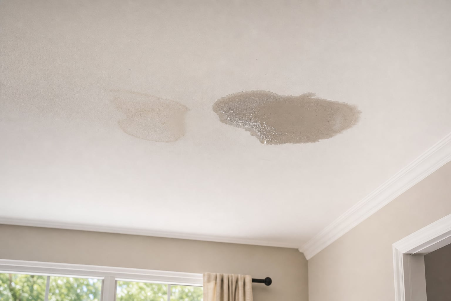 New damp ceiling stain beside an older dry water stain