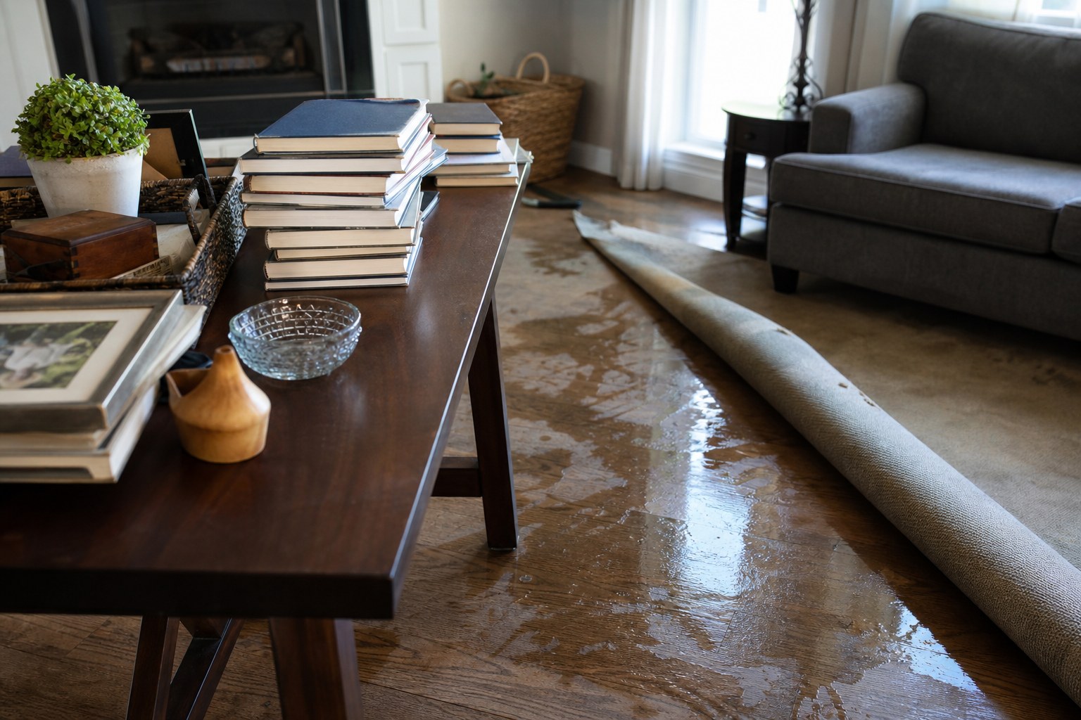 Belongings moved off a wet floor after water damage