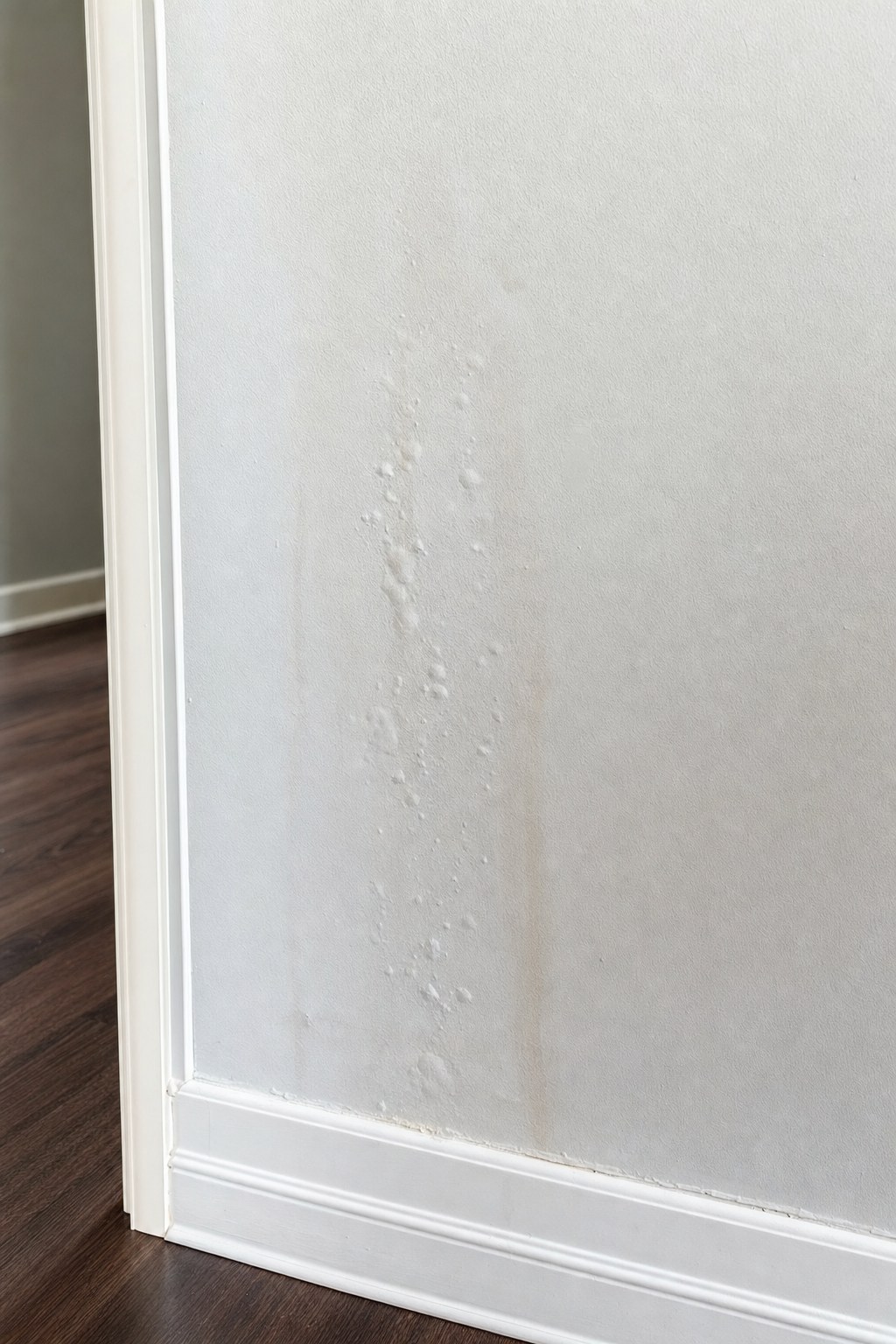 Bubbling paint and faint discoloration on a wall near the baseboard