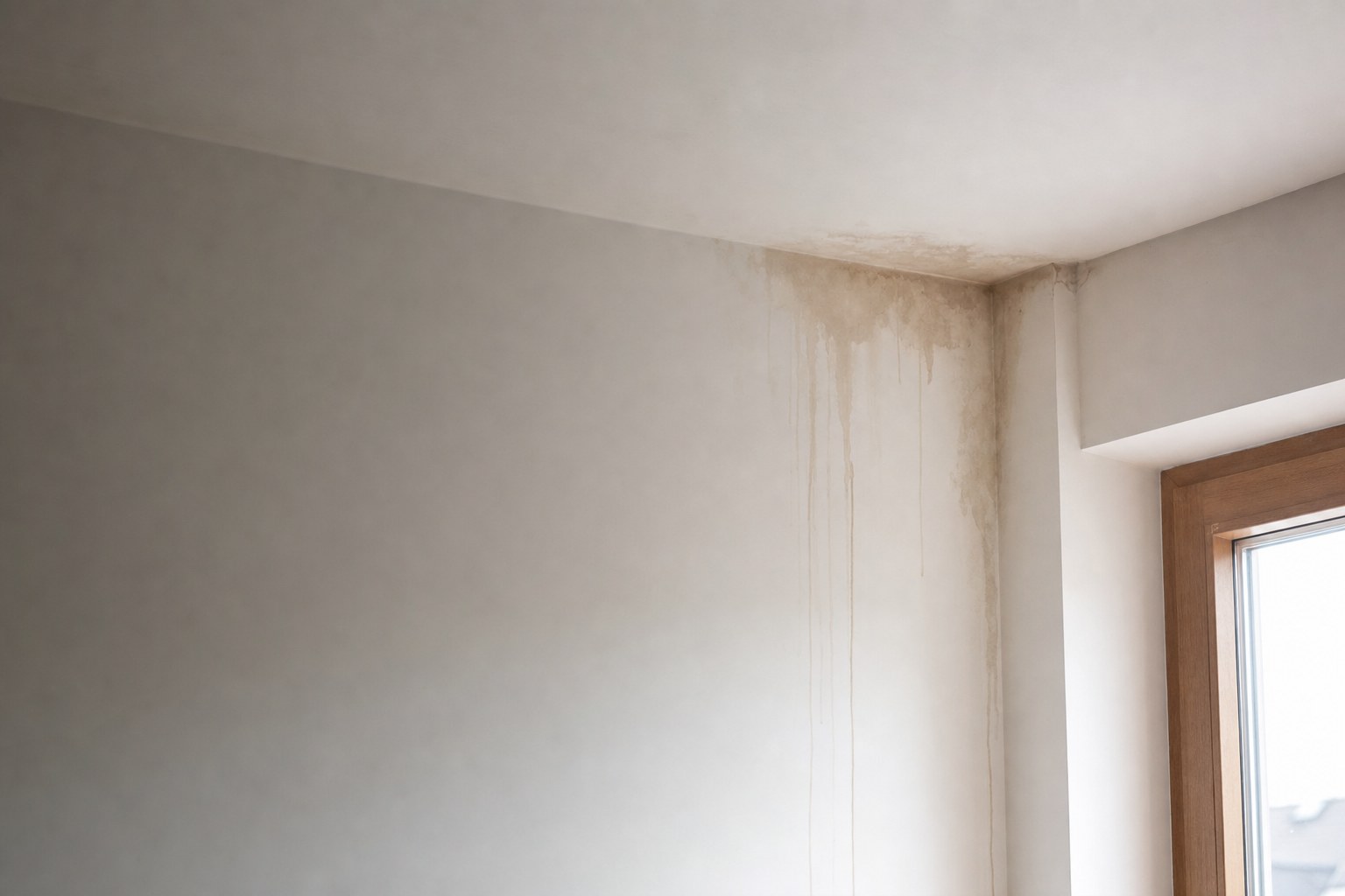 Water staining on an interior wall and ceiling corner
