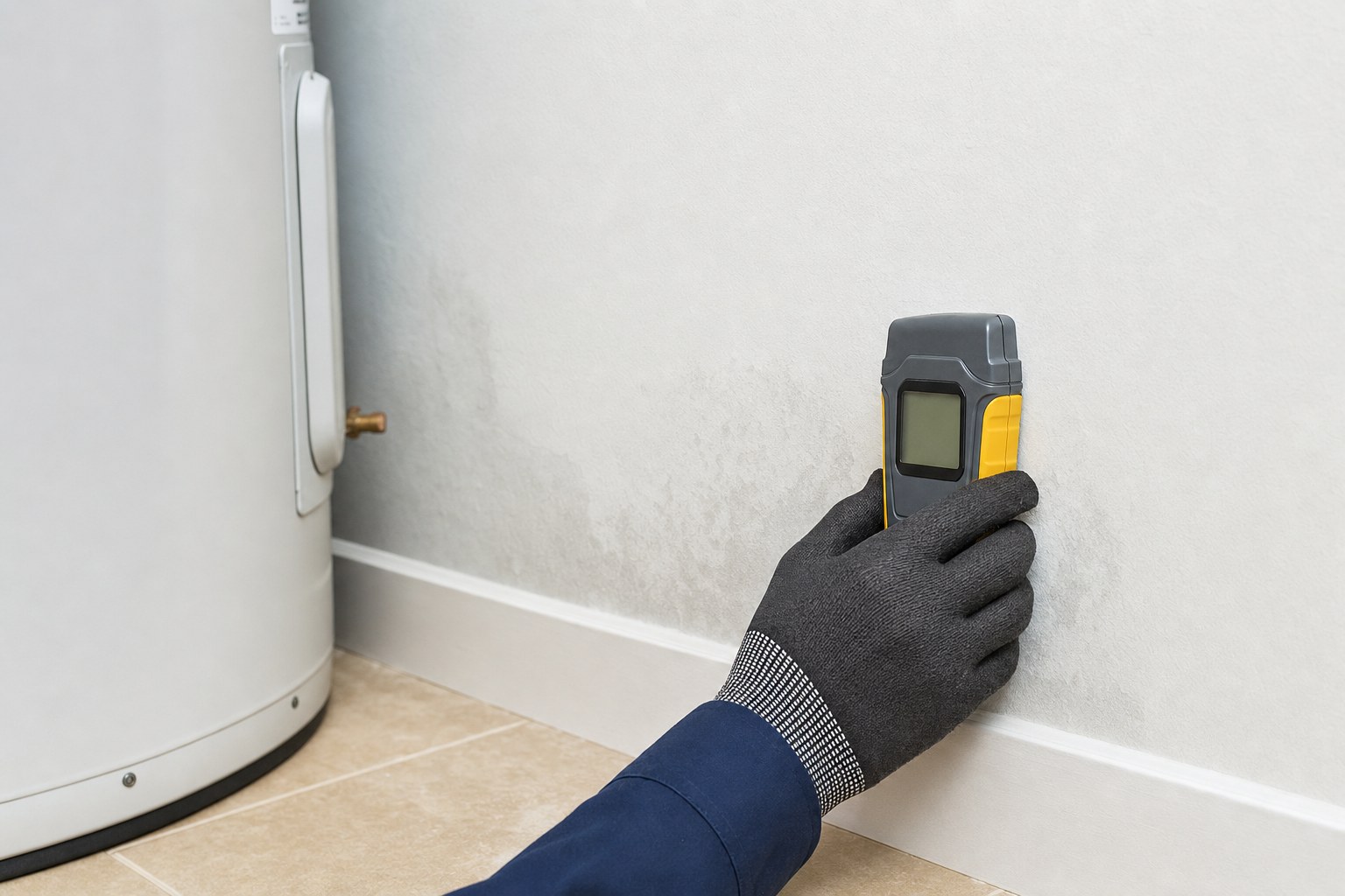 A moisture meter being used to check an interior wall near a water heater