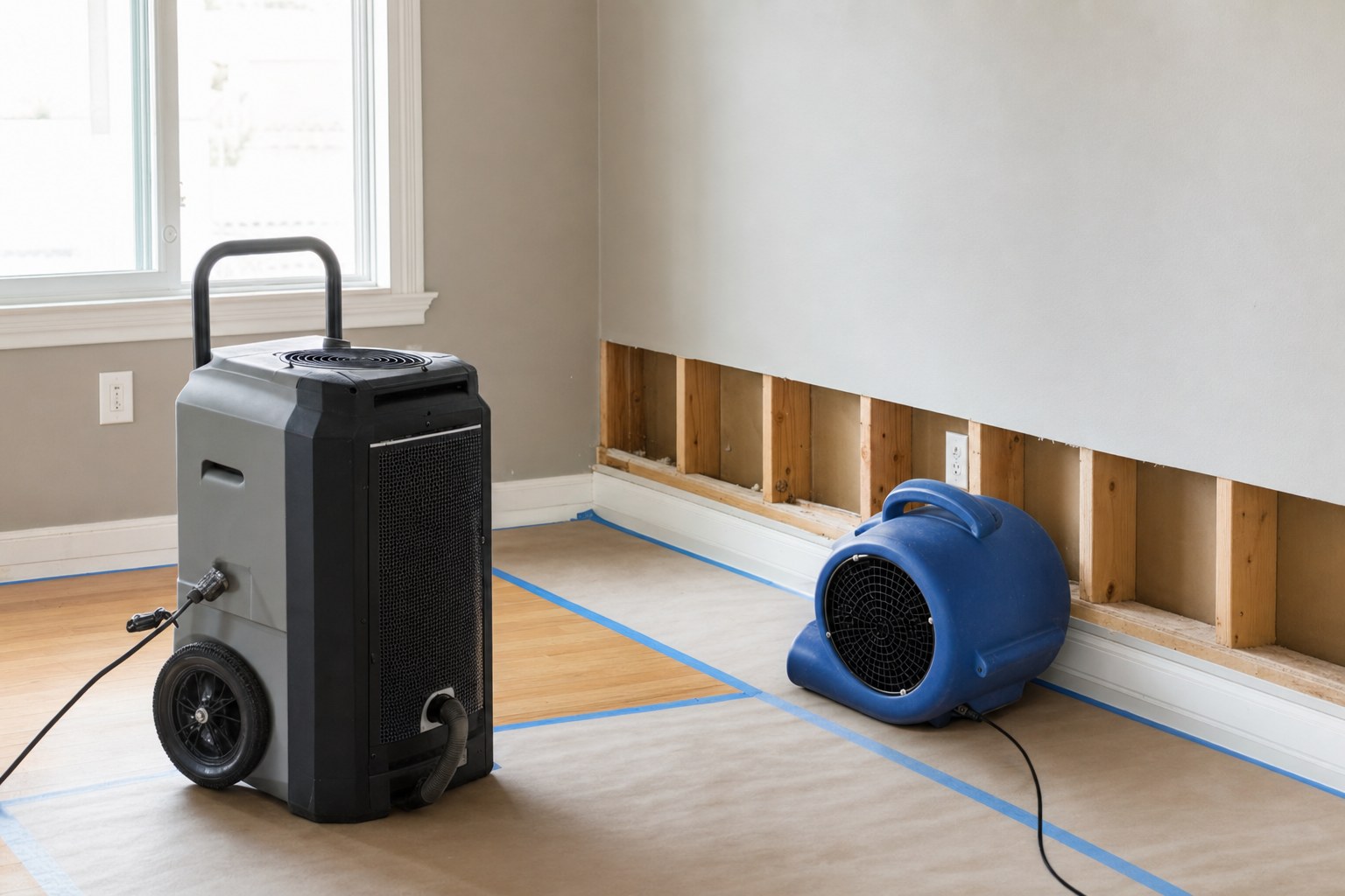 Drying equipment positioned in a room with an opened lower wall