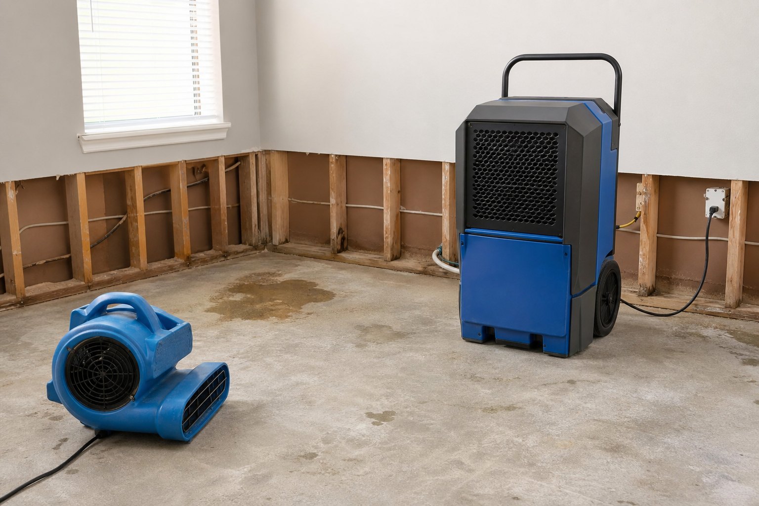 Professional drying equipment in a room with water-damaged walls