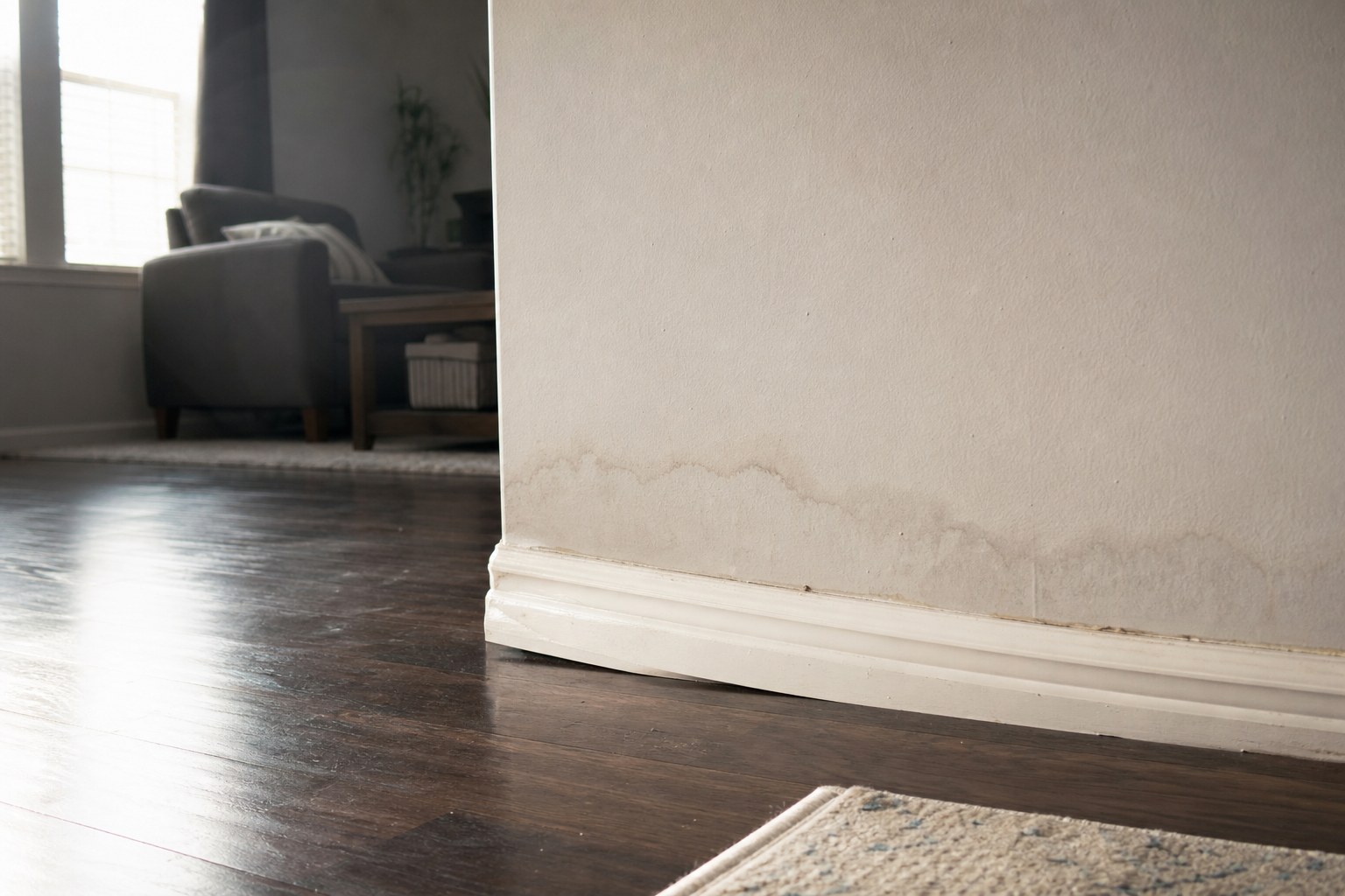 Water staining along a baseboard in a home interior