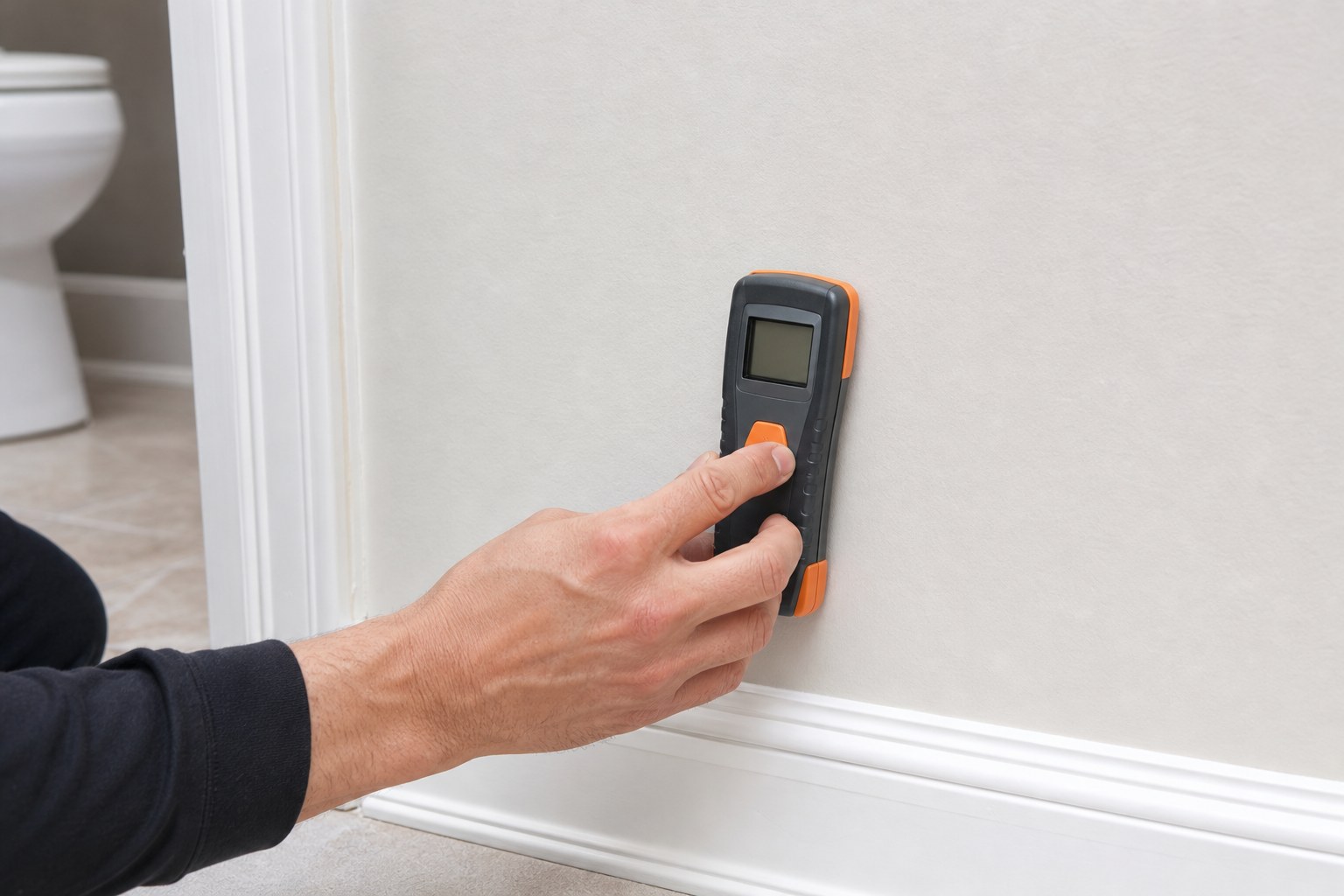 A moisture meter checking a wall near a bathroom baseboard