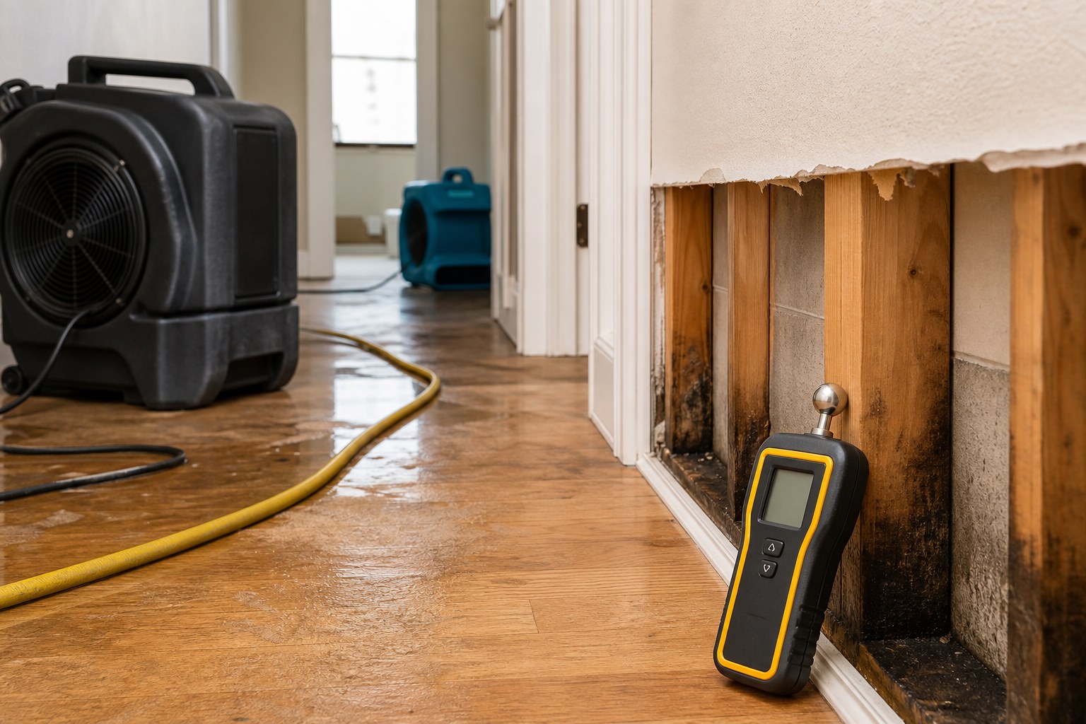 Drying equipment and a moisture meter in a water-damaged home