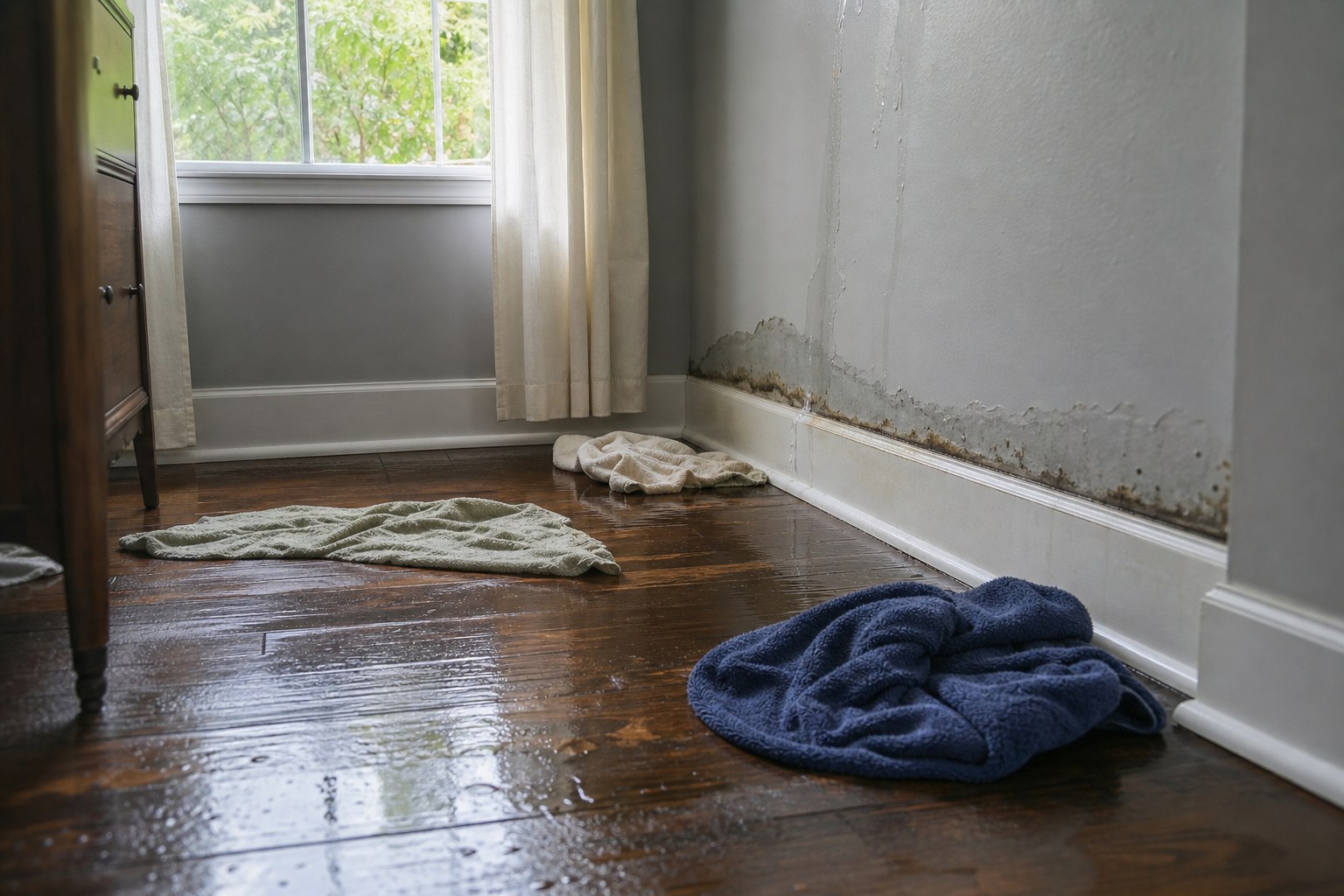 Water on a hardwood floor after a plumbing leak