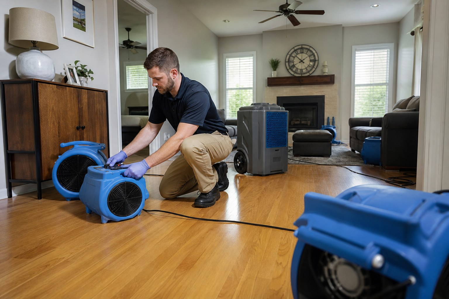 Water mitigation technician at work in a Belton property