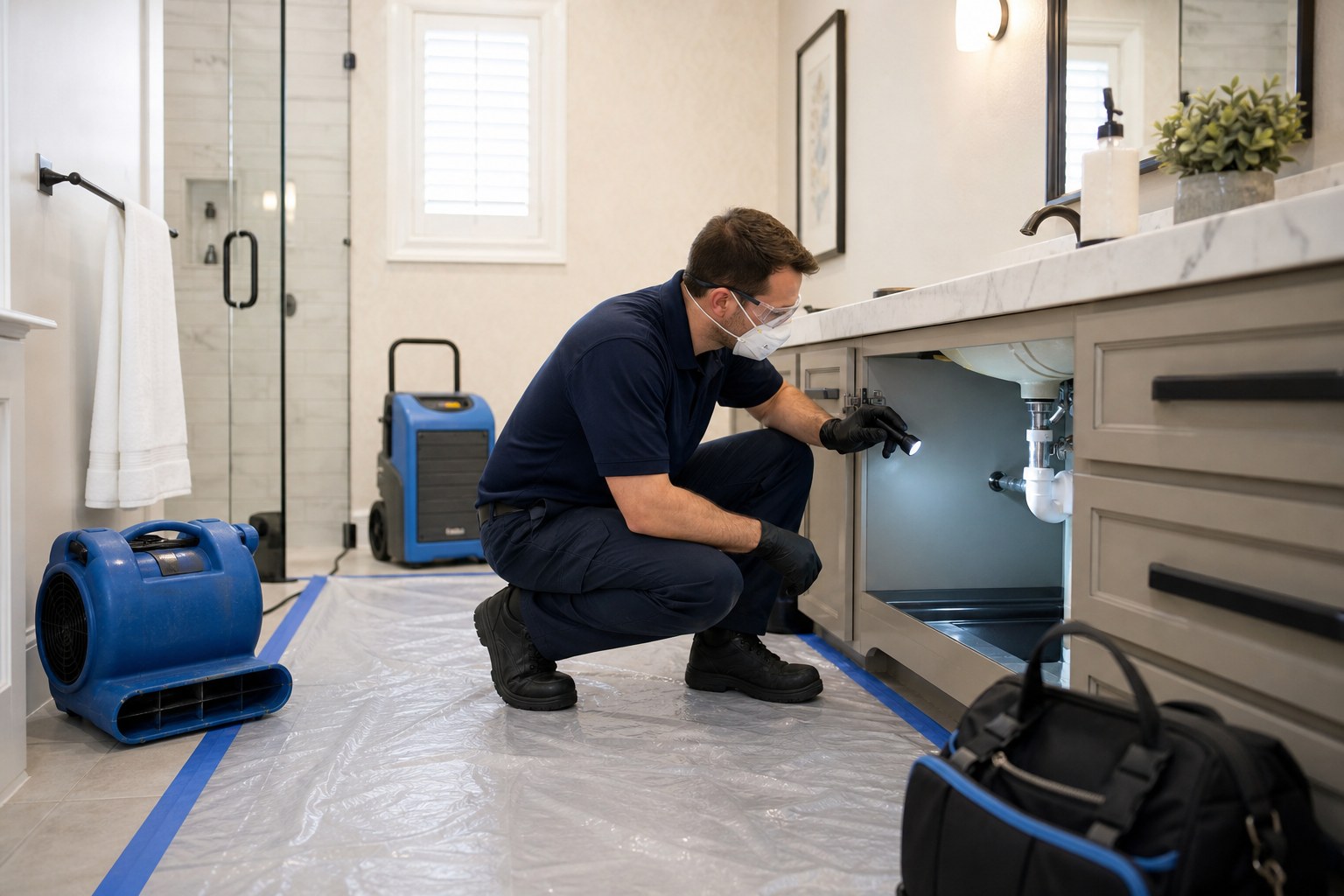 Water mitigation technician assessing moisture in a property