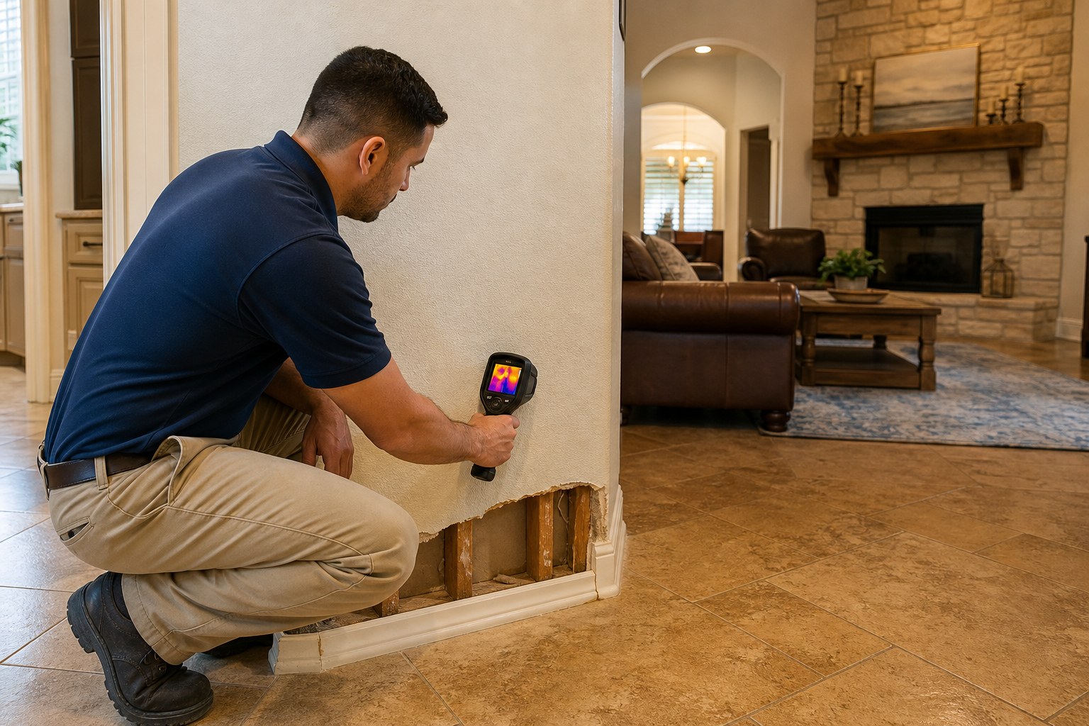 Water mitigation technician assessing moisture in a property
