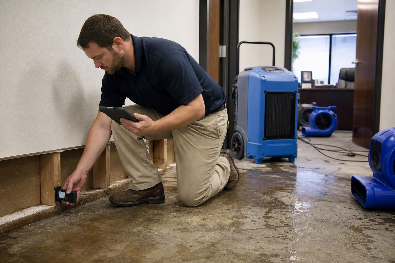 Water mitigation technician at work in a Killeen property