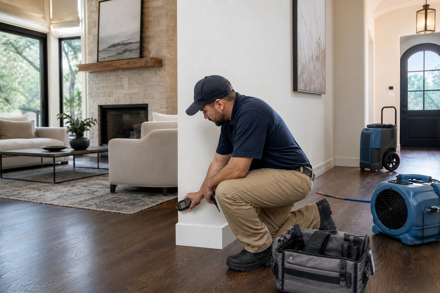 Water mitigation technician assessing moisture in a property