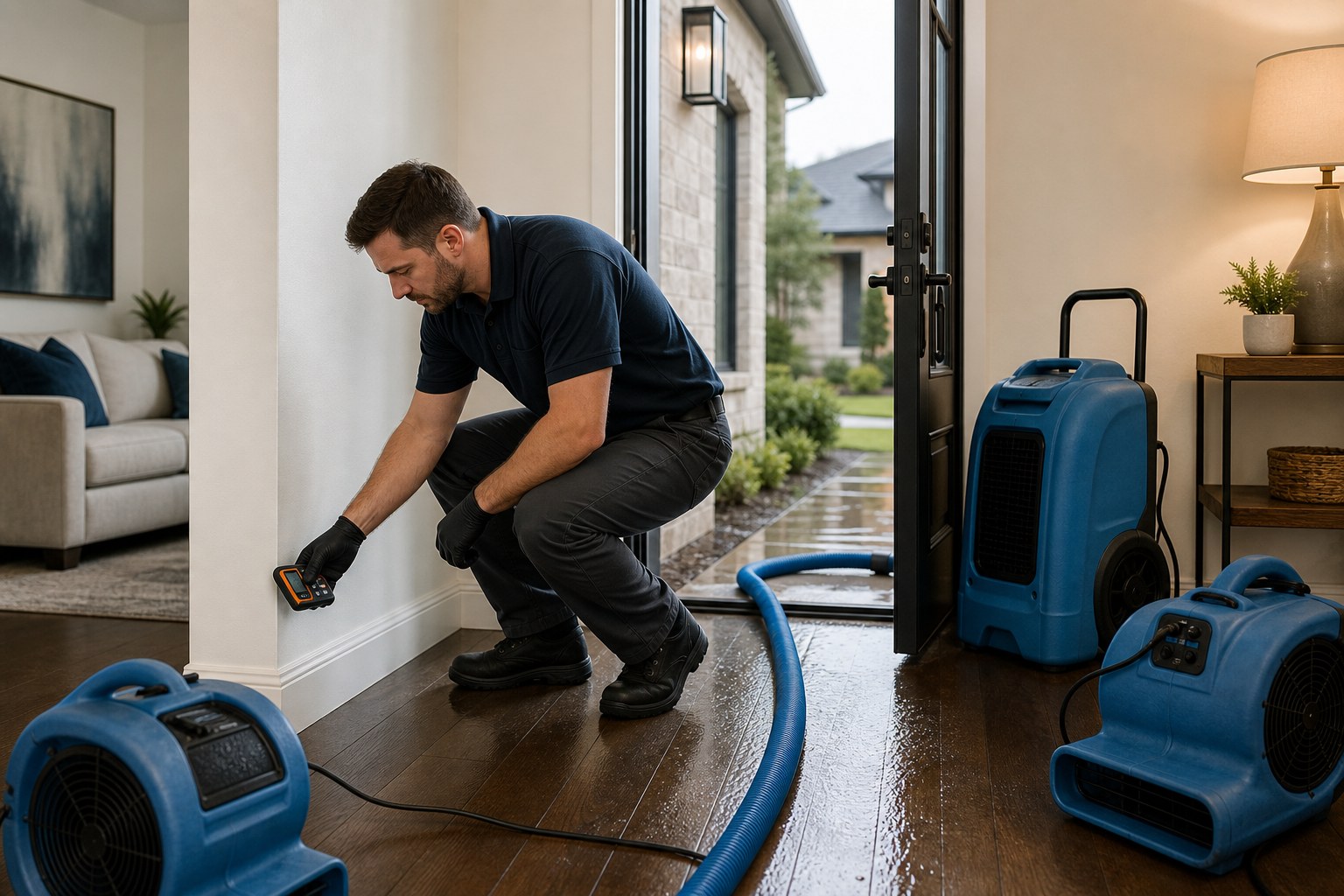 Water mitigation technician assessing moisture in a property