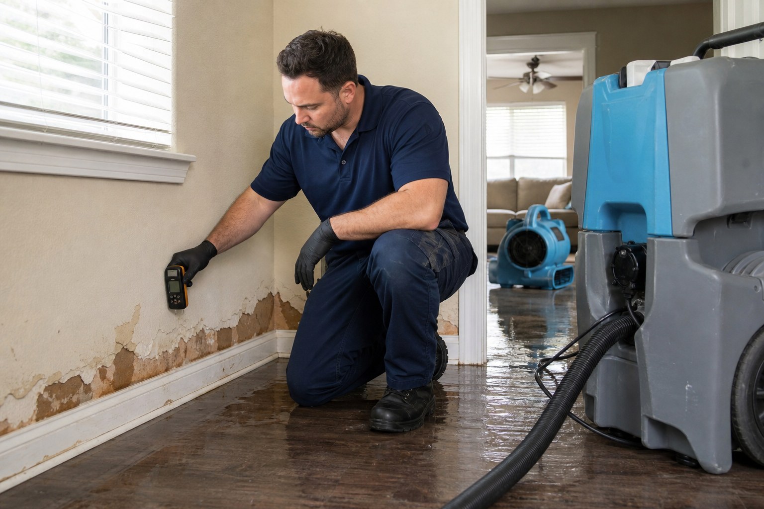 Water mitigation technician at work in a Temple property