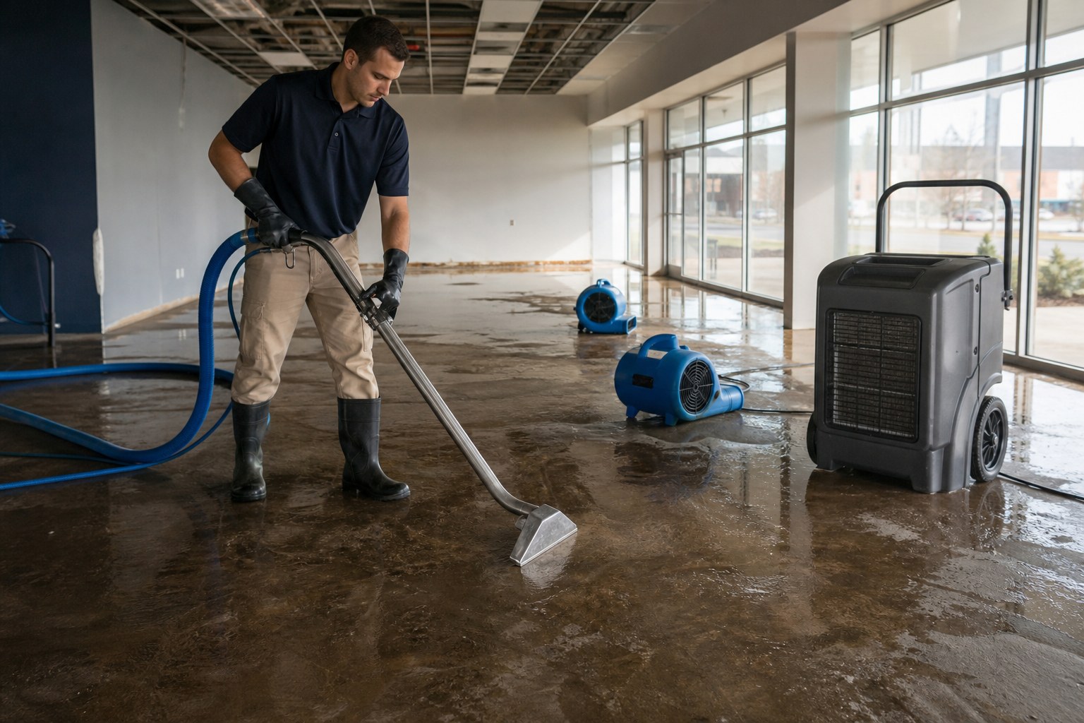 Water mitigation technician at work in a Waco property