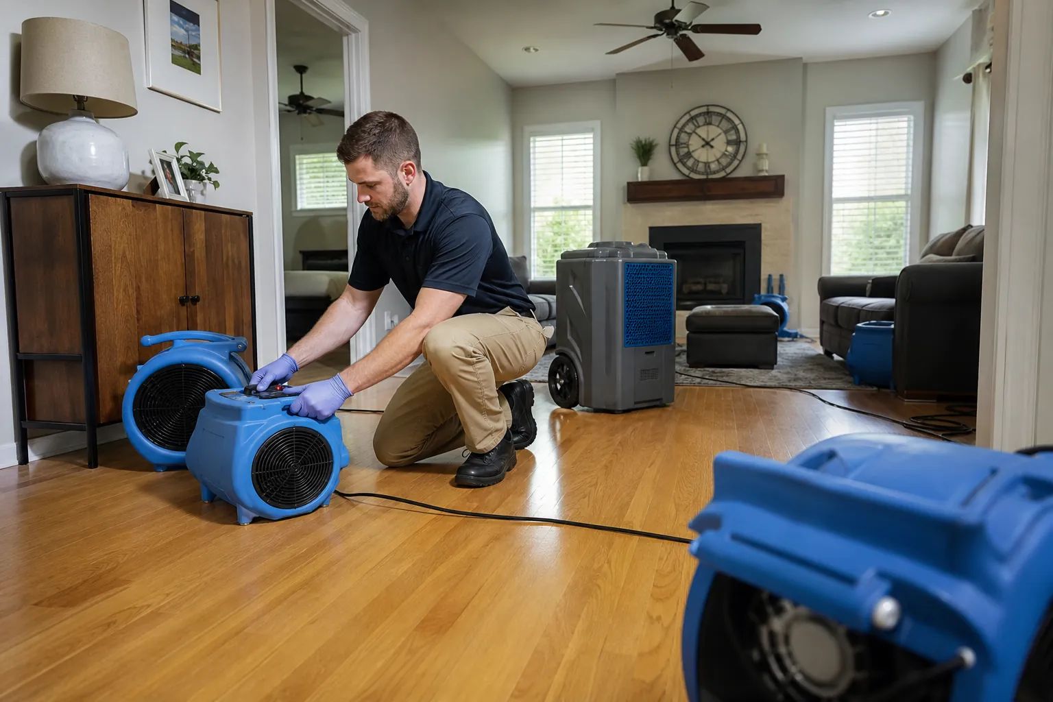 Water mitigation technician assessing moisture in a property