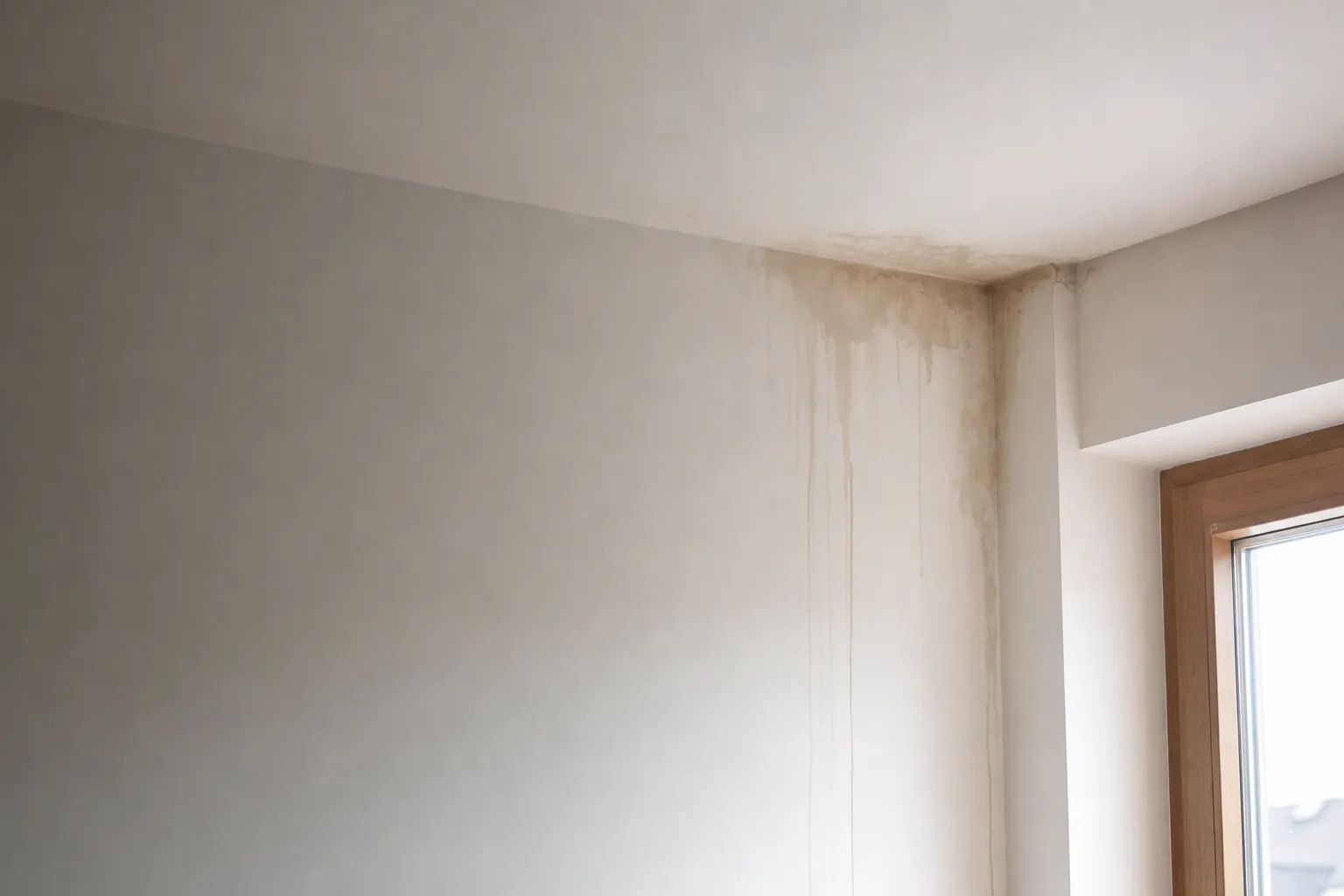 Water staining on an interior wall and ceiling corner