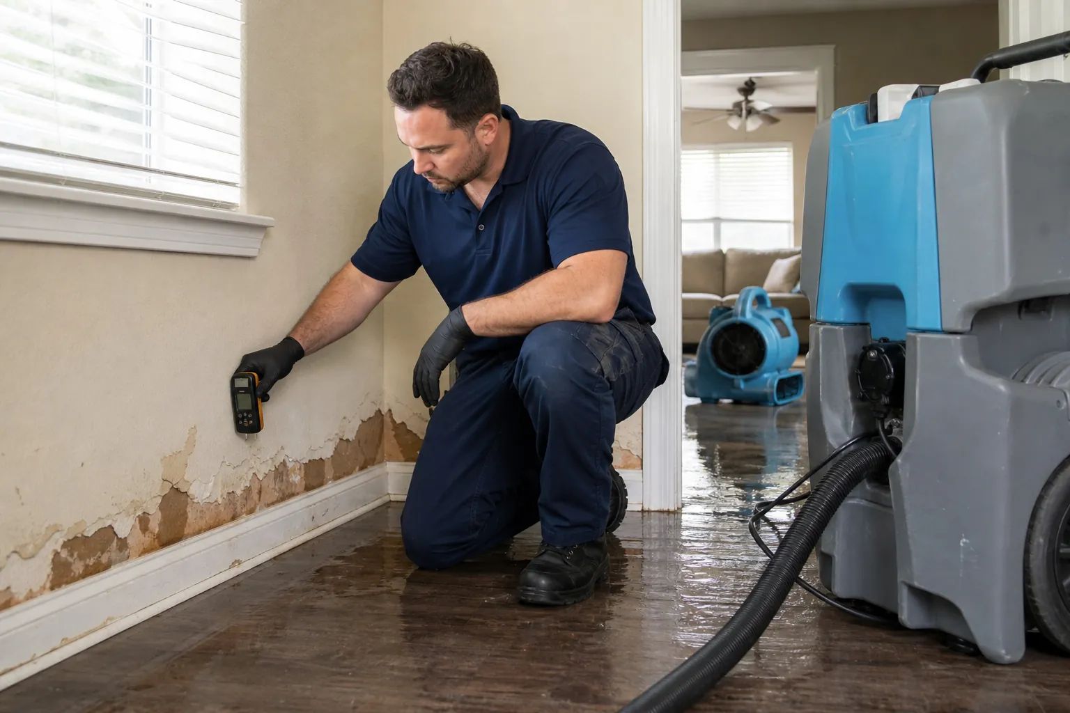 Water mitigation technician assessing moisture in a property