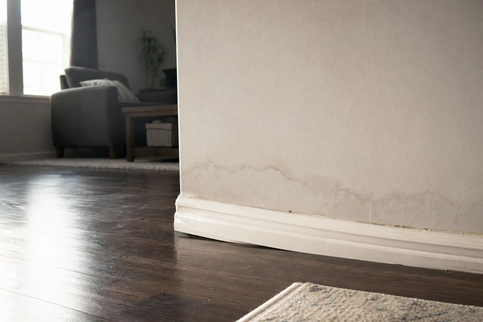 Water staining along a baseboard in a home interior