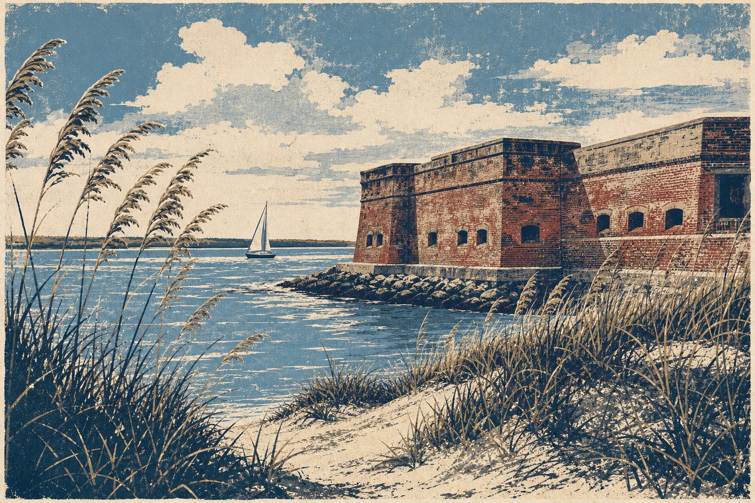 Illustrated coastal fort beside sea oats and water