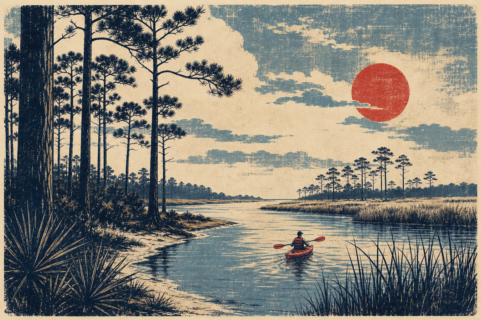 Illustrated coastal pine forest and calm creek