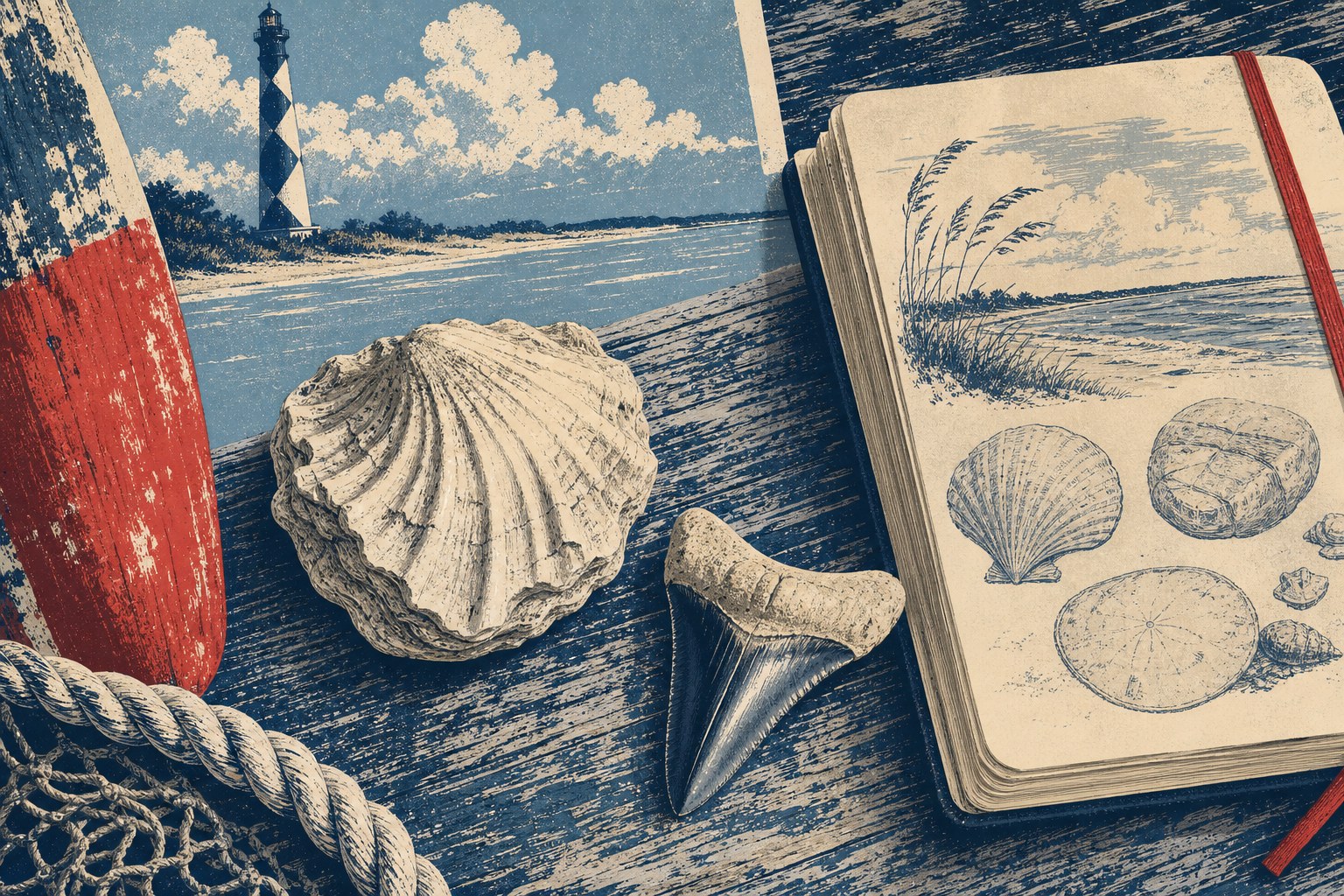 Illustrated fossil shell, tooth, and field notebook